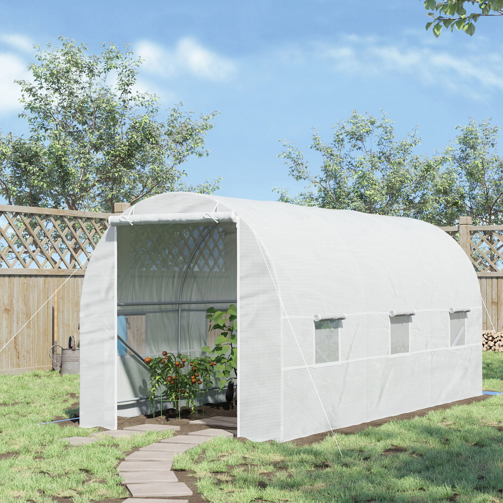 Estufa tipo túnel 445x200x200 cm com porta enrolável e 6 janelas cobertura de PE 140 g/m² anti-UV branco