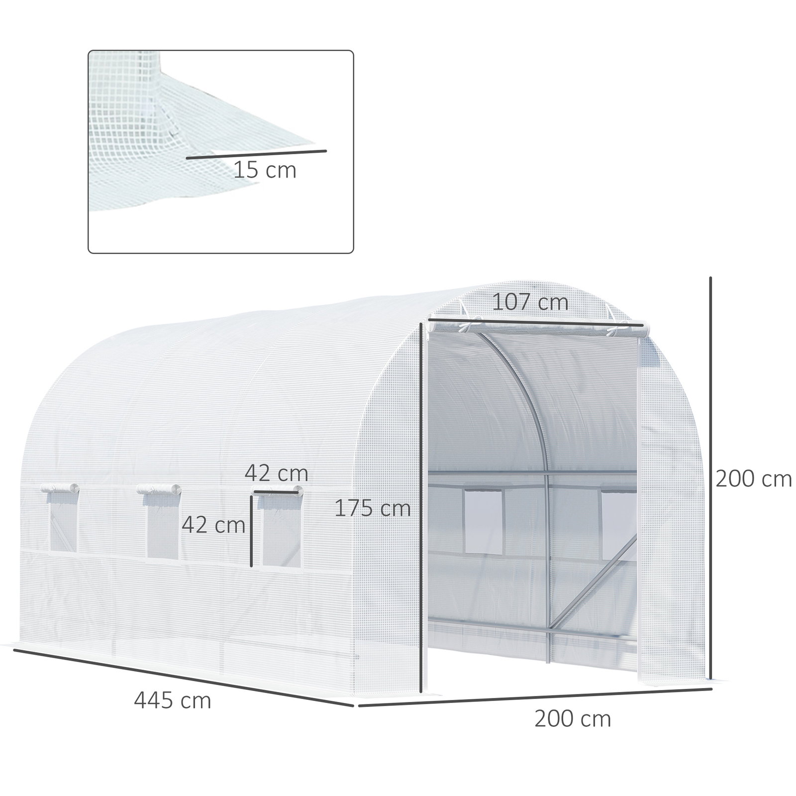 Estufa tipo túnel 445x200x200 cm com porta enrolável e 6 janelas cobertura de PE 140 g/m² anti-UV branco