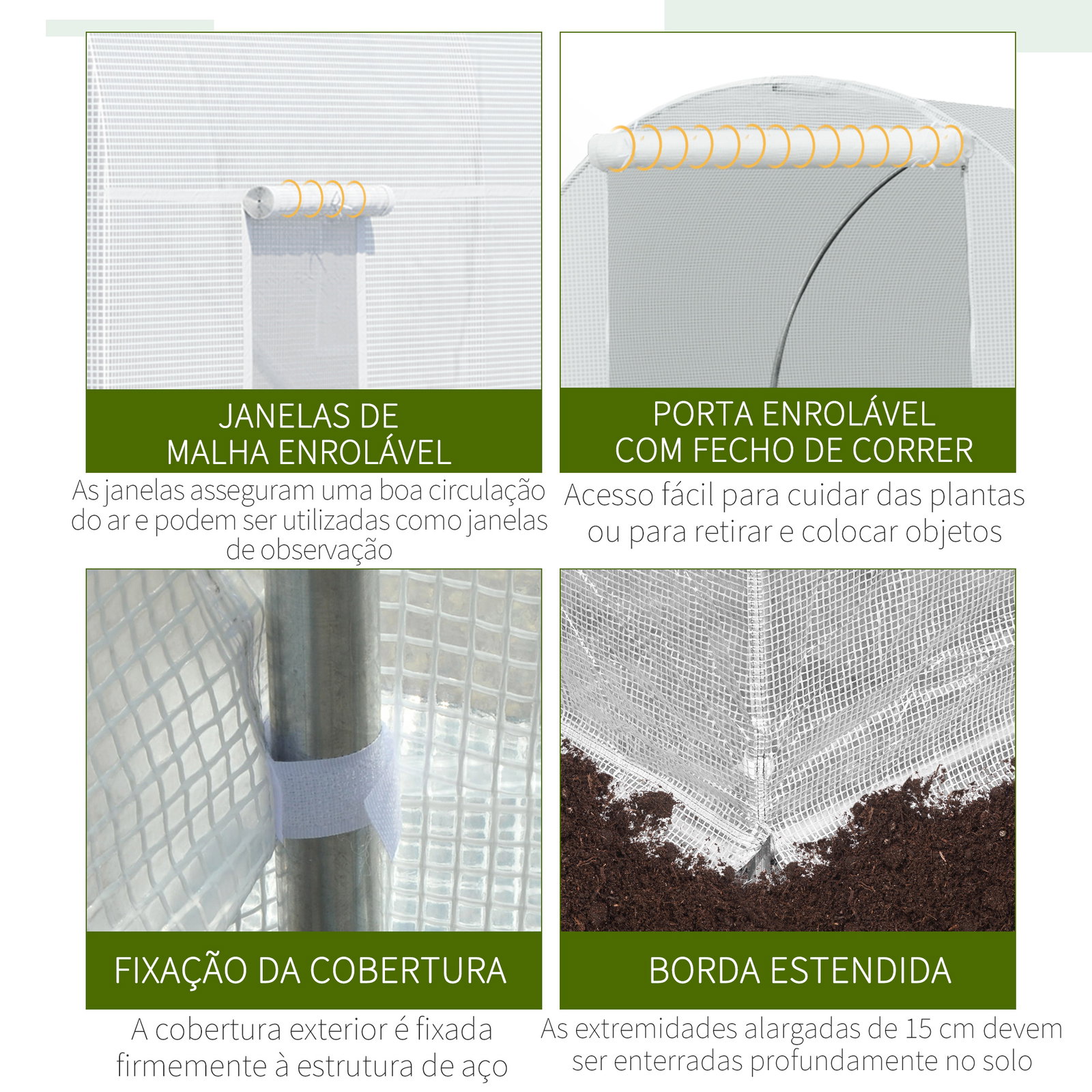 Estufa tipo túnel 445x200x200 cm com porta enrolável e 6 janelas cobertura de PE 140 g/m² anti-UV branco