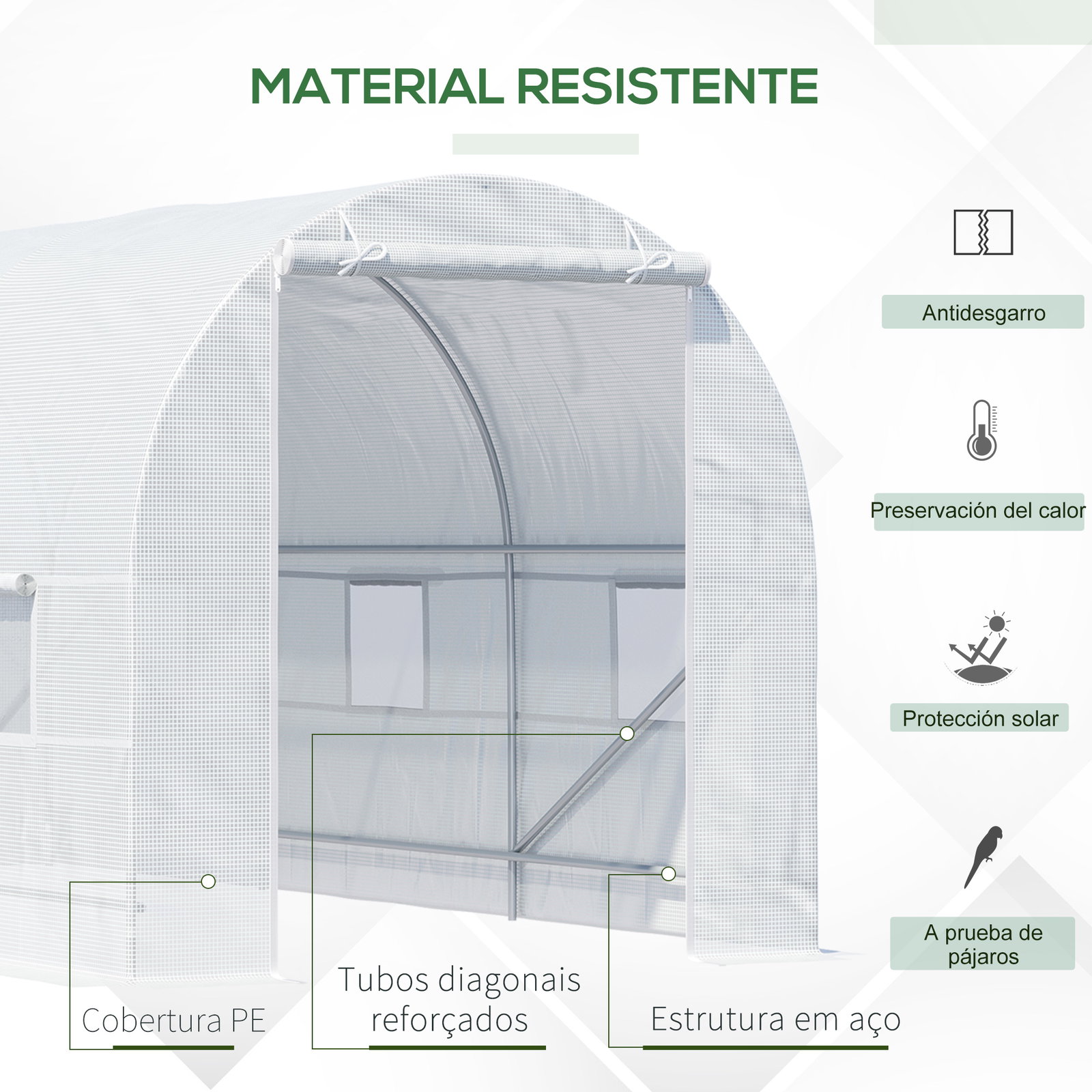 Estufa tipo túnel 445x200x200 cm com porta enrolável e 6 janelas cobertura de PE 140 g/m² anti-UV branco