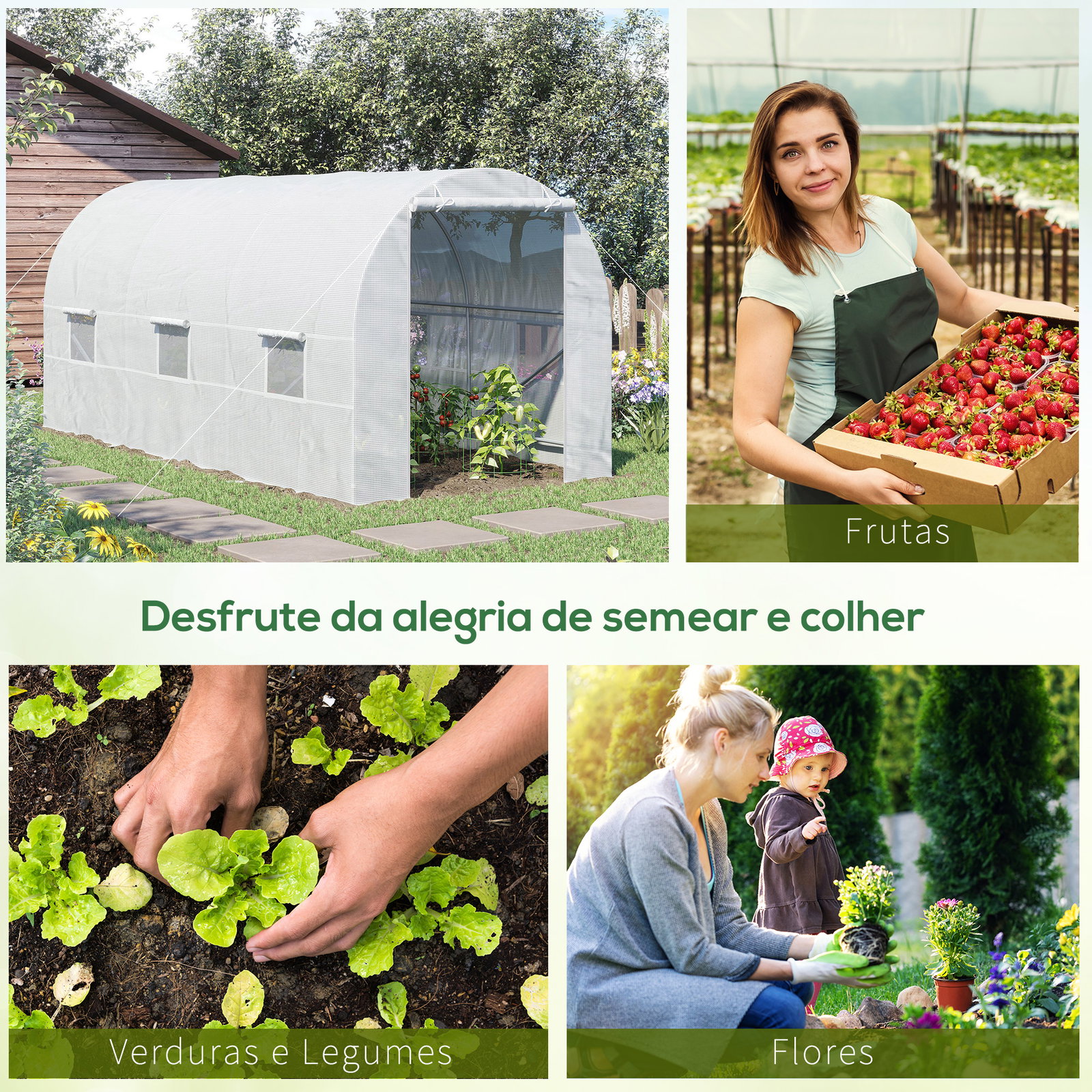 Estufa tipo túnel 445x200x200 cm com porta enrolável e 6 janelas cobertura de PE 140 g/m² anti-UV branco