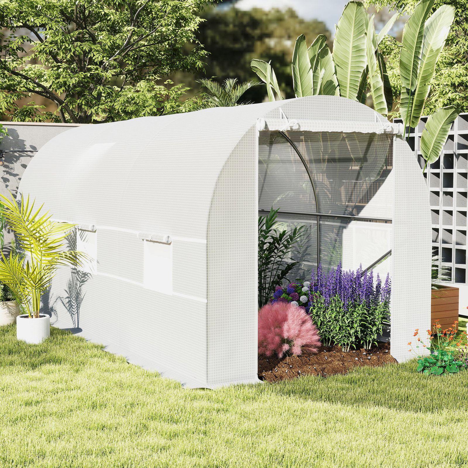 Estufa tipo túnel 445x200x200 cm com porta enrolável e 6 janelas cobertura de PE 140 g/m² anti-UV branco