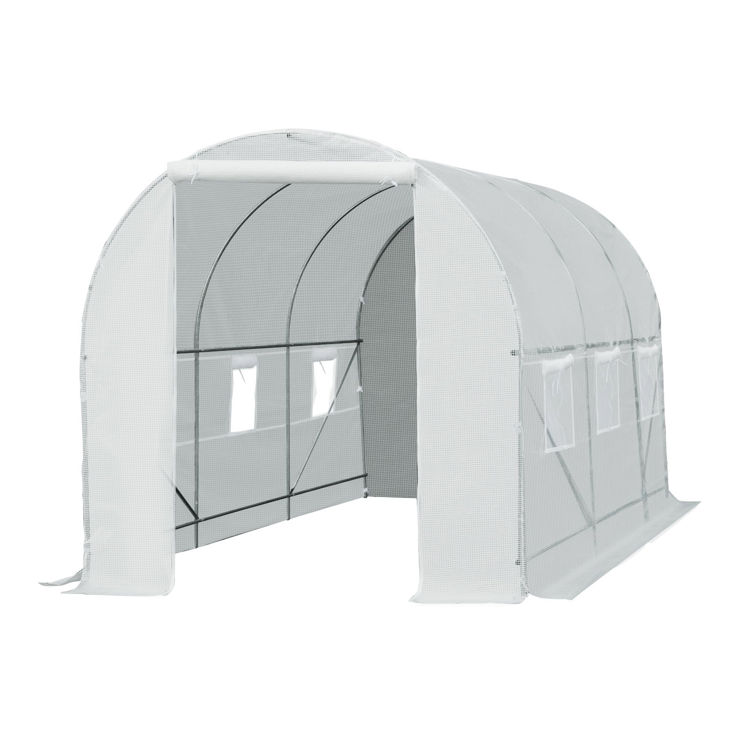 Estufa tipo túnel 445x200x200 cm com porta enrolável e 6 janelas cobertura de PE 140 g/m² anti-UV branco