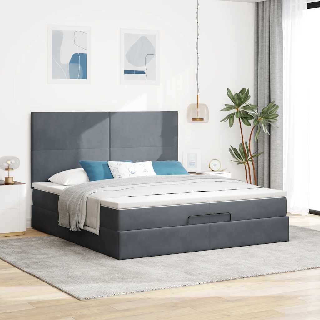 Moldura de cama otomana com colchão cinza escuro veludo