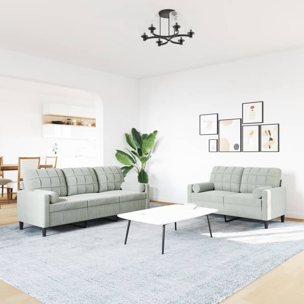 2 Pcs conjunto sofás com almofadões e rolos veludo cinza-claro