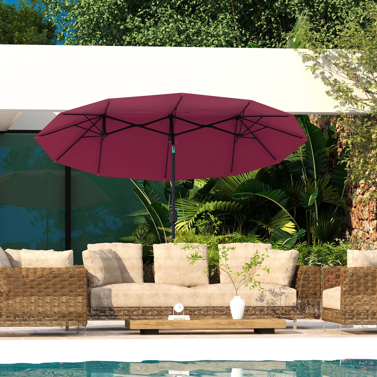 Chapéu de sol duplo chapéu de sol de jardim com inclinação de 45° manivela estrutura de aço 295x152x222 cm vermelho