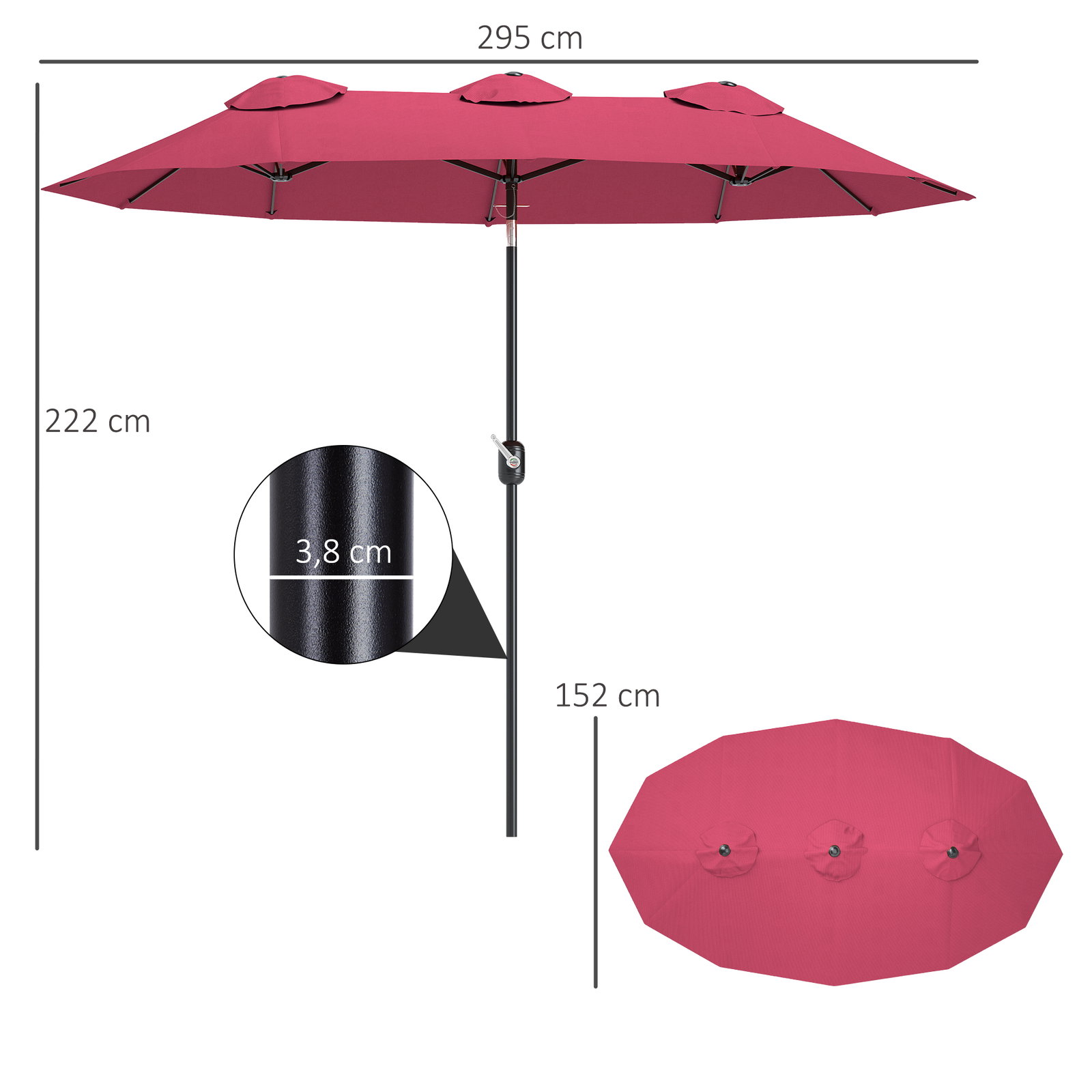 Chapéu de sol duplo chapéu de sol de jardim com inclinação de 45° manivela estrutura de aço 295x152x222 cm vermelho