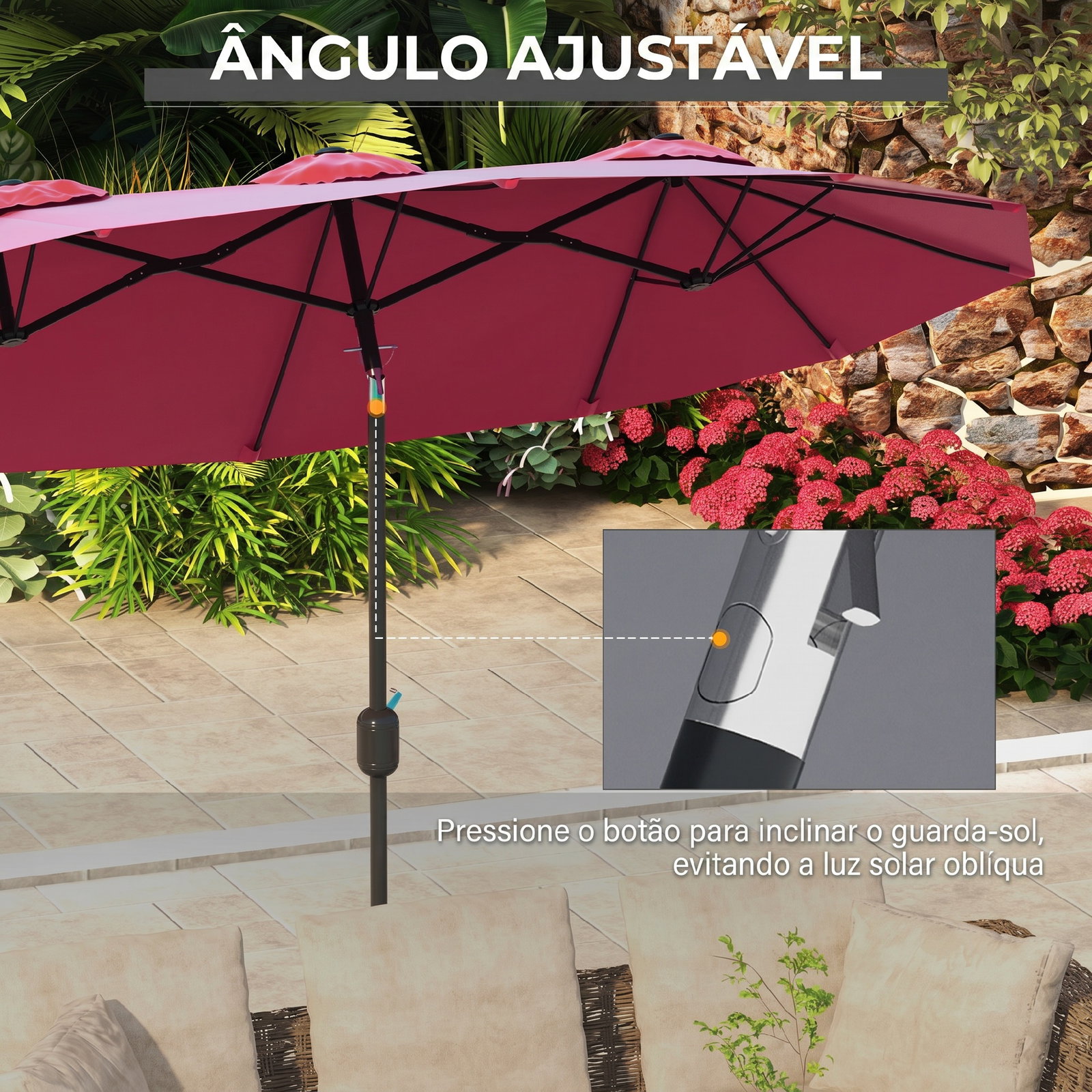 Chapéu de sol duplo chapéu de sol de jardim com inclinação de 45° manivela estrutura de aço 295x152x222 cm vermelho