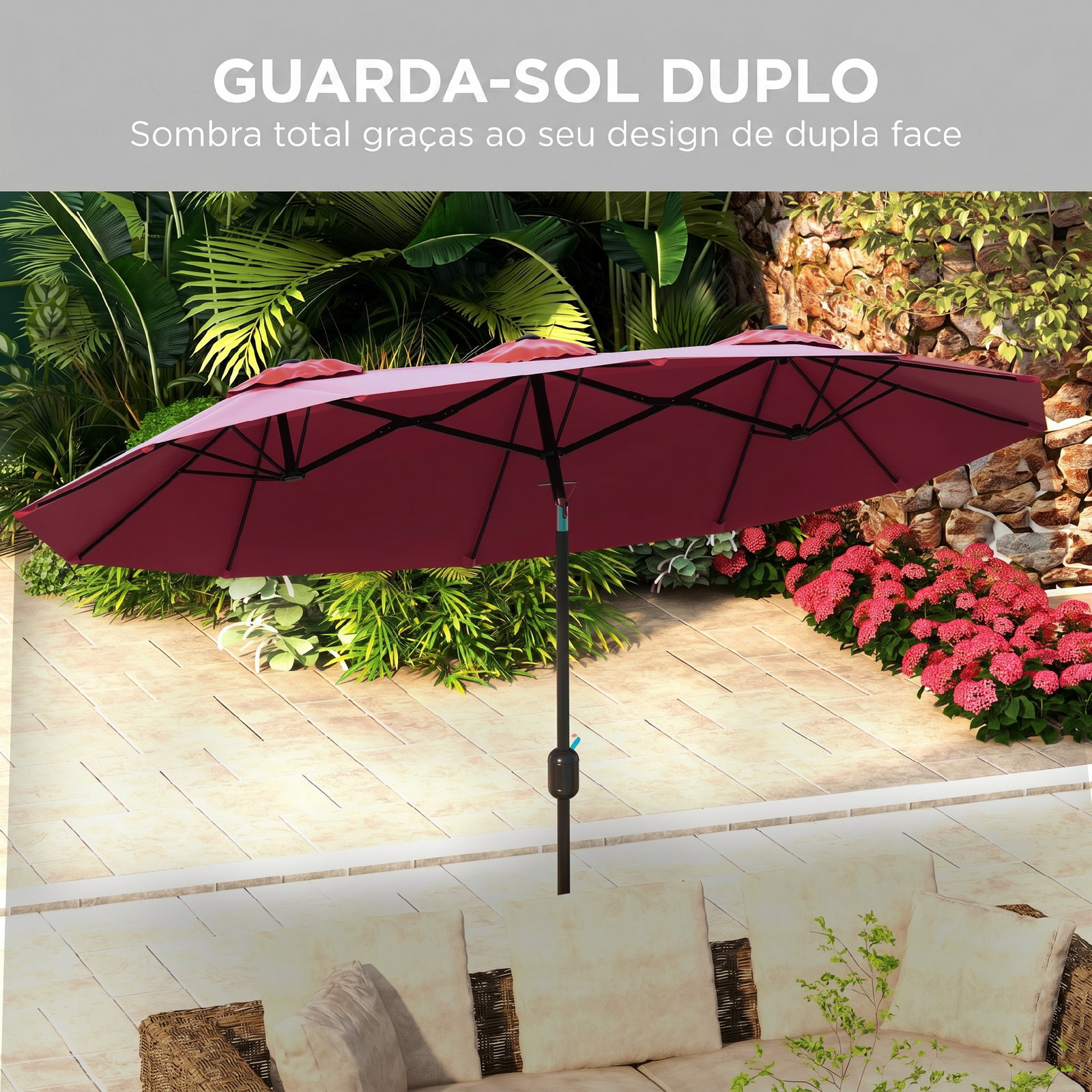 Chapéu de sol duplo chapéu de sol de jardim com inclinação de 45° manivela estrutura de aço 295x152x222 cm vermelho