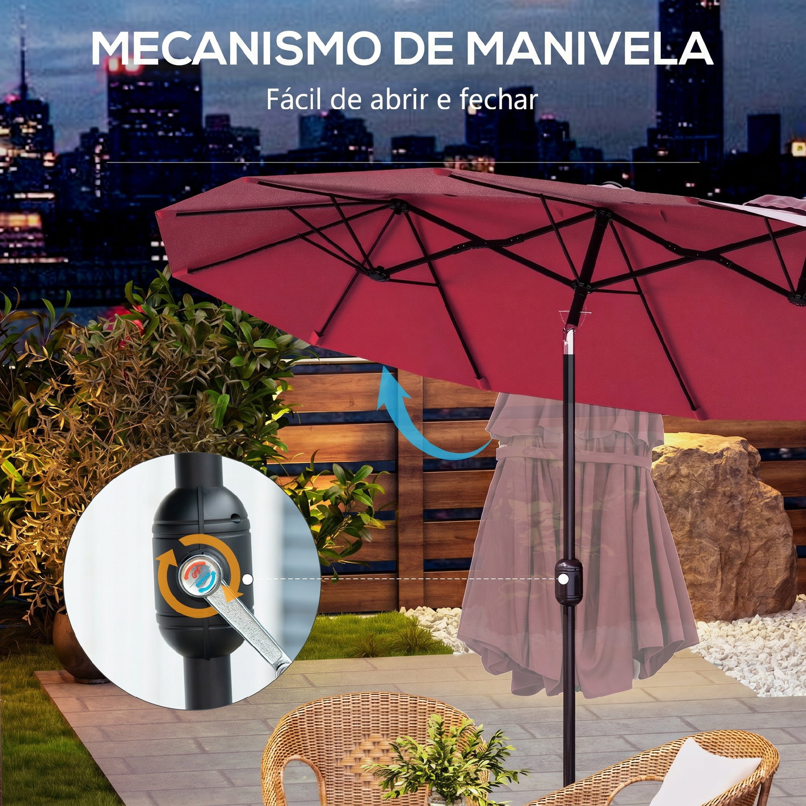 Chapéu de sol duplo chapéu de sol de jardim com inclinação de 45° manivela estrutura de aço 295x152x222 cm vermelho