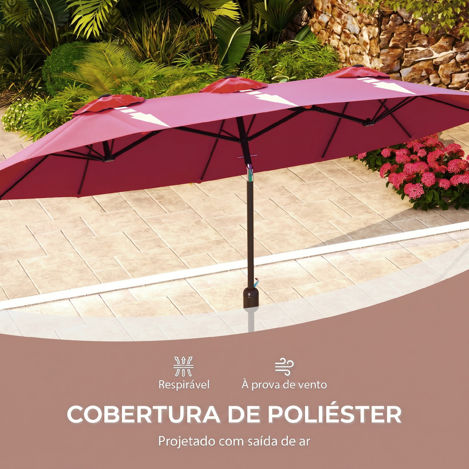 Chapéu de sol duplo chapéu de sol de jardim com inclinação de 45° manivela estrutura de aço 295x152x222 cm vermelho