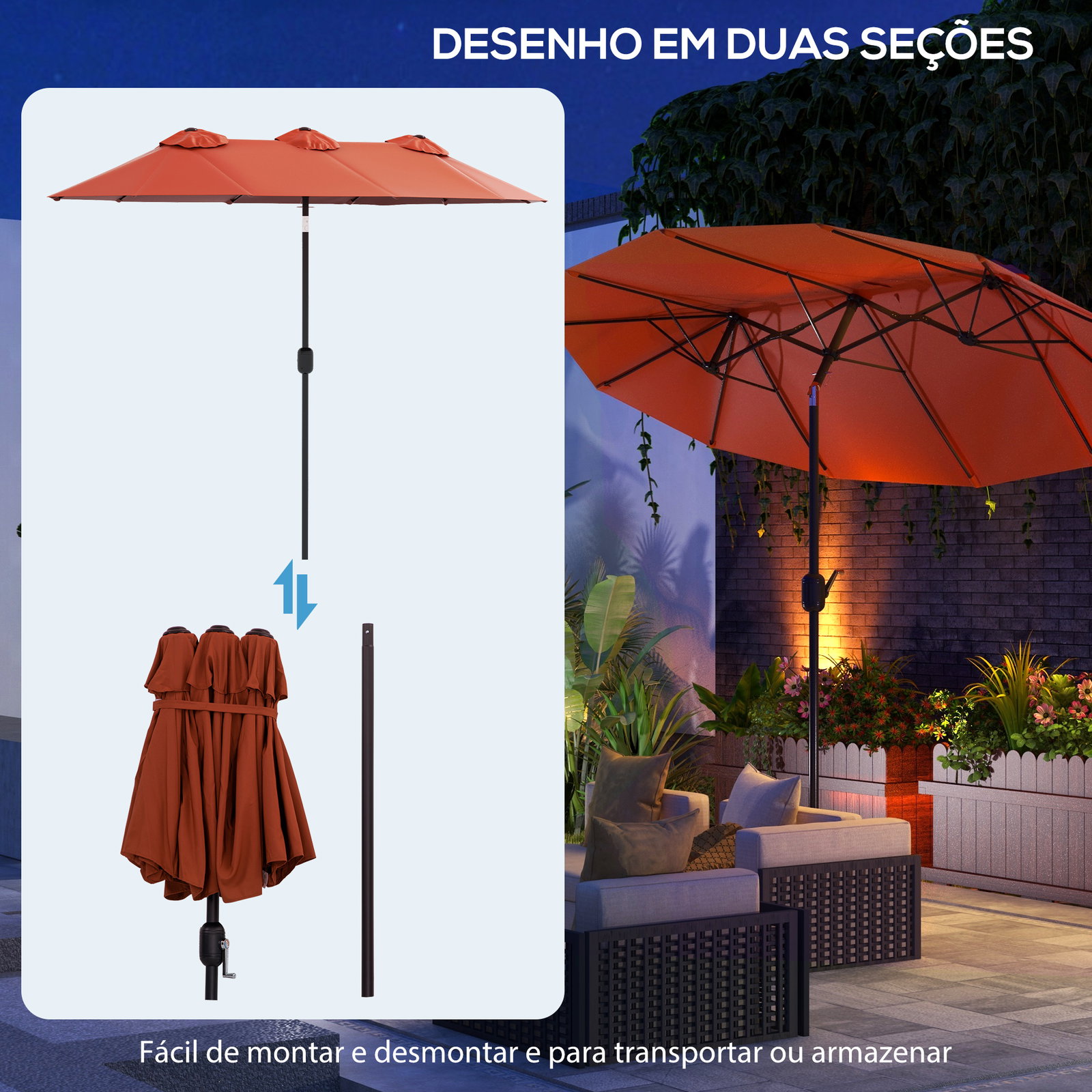 Chapéu de sol duplo chapéu de sol de jardim com inclinação de 45° manivela estrutura de aço 295x152x222 cm vermelho