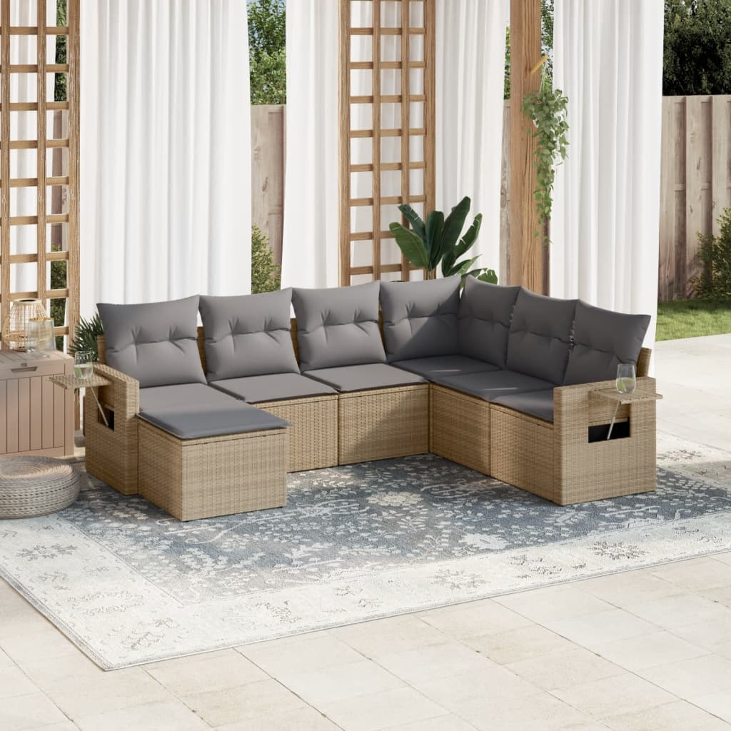7 Pcs conjunto de sofás p/ jardim com almofadões vime PE bege