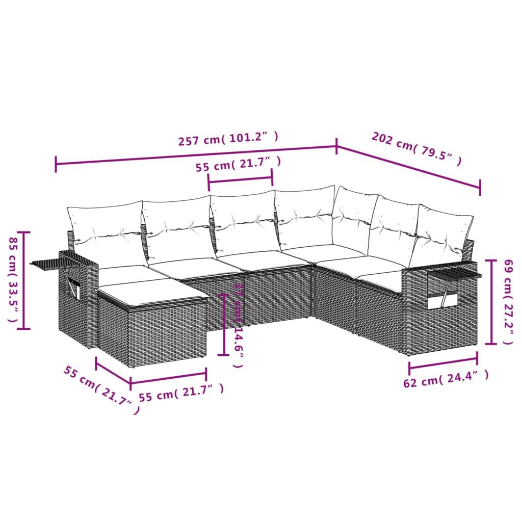 7 Pcs conjunto de sofás p/ jardim com almofadões vime PE bege
