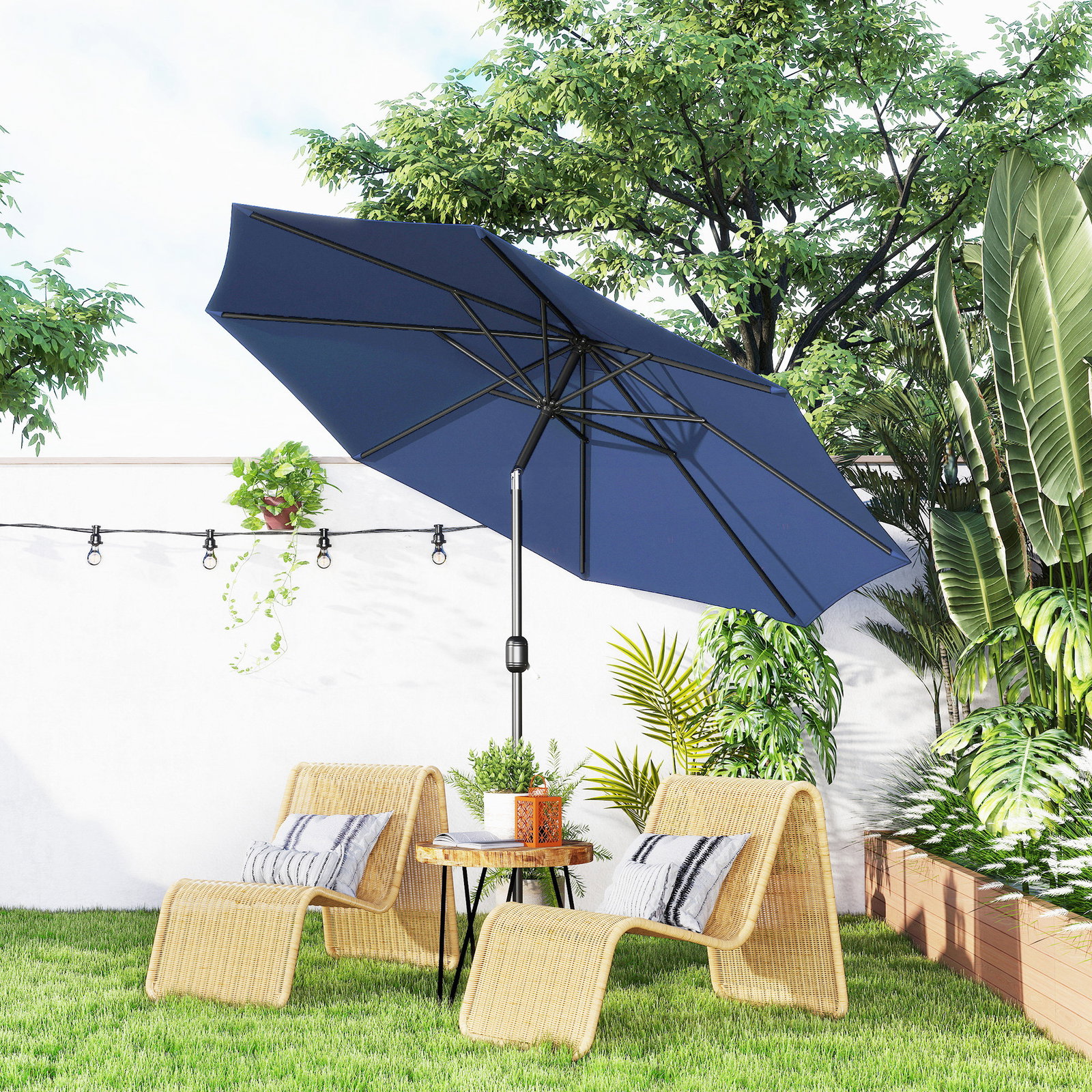 Chapéu de Sol de Jardim Ø295x250 cm com Manivela Mecanismo de Inclinação e Mastro Desmontável de Metal para Terraço Azul