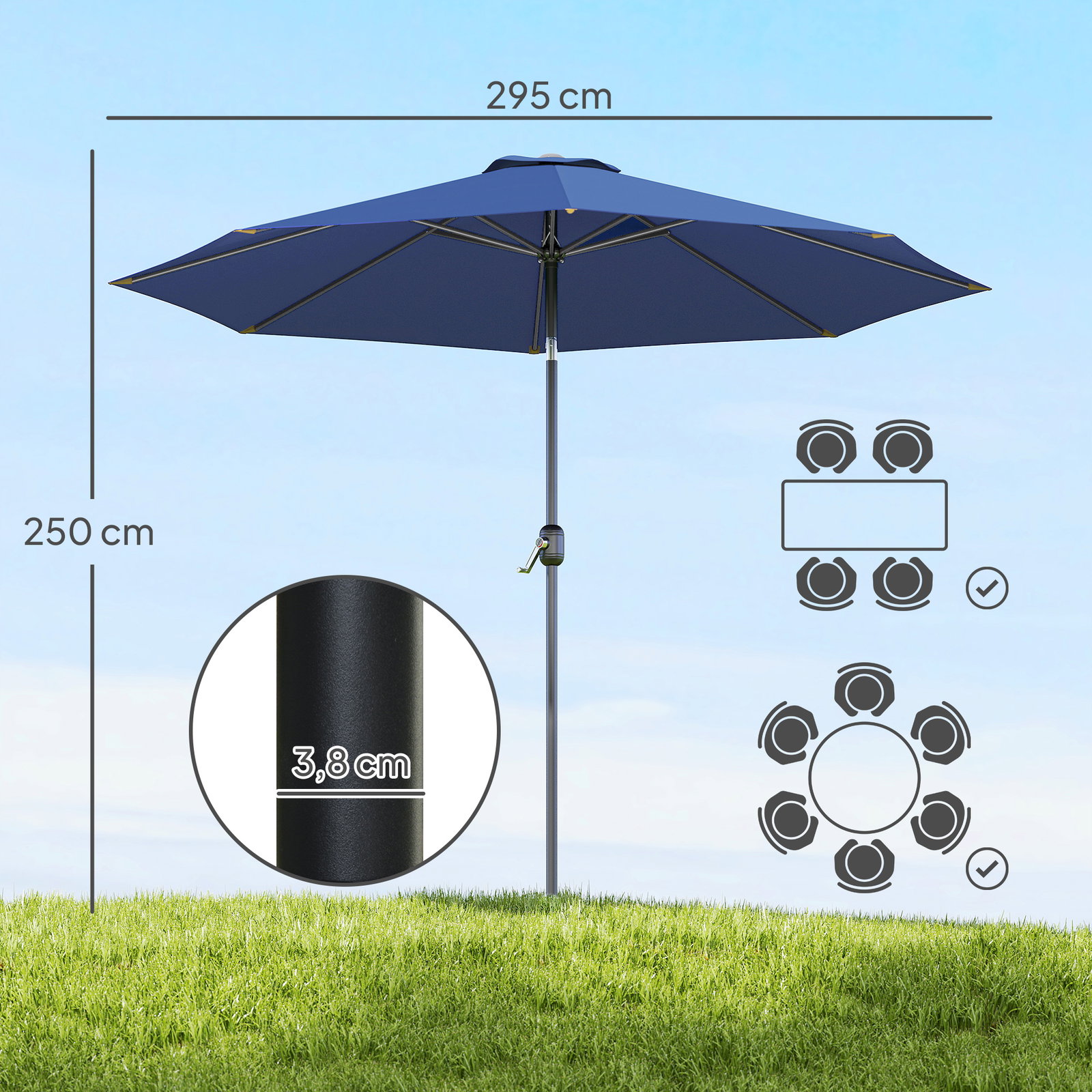 Chapéu de Sol de Jardim Ø295x250 cm com Manivela Mecanismo de Inclinação e Mastro Desmontável de Metal para Terraço Azul