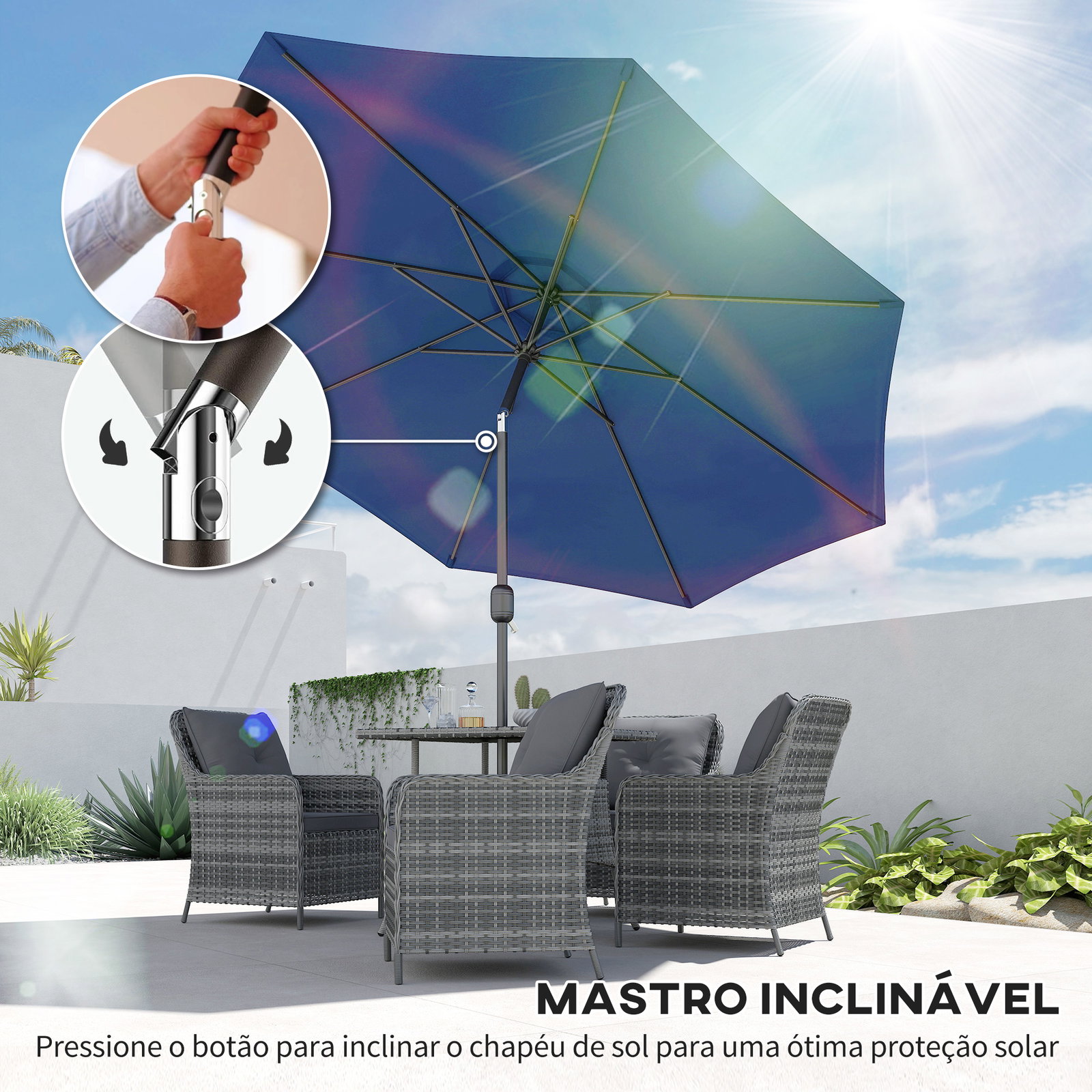 Chapéu de Sol de Jardim Ø295x250 cm com Manivela Mecanismo de Inclinação e Mastro Desmontável de Metal para Terraço Azul