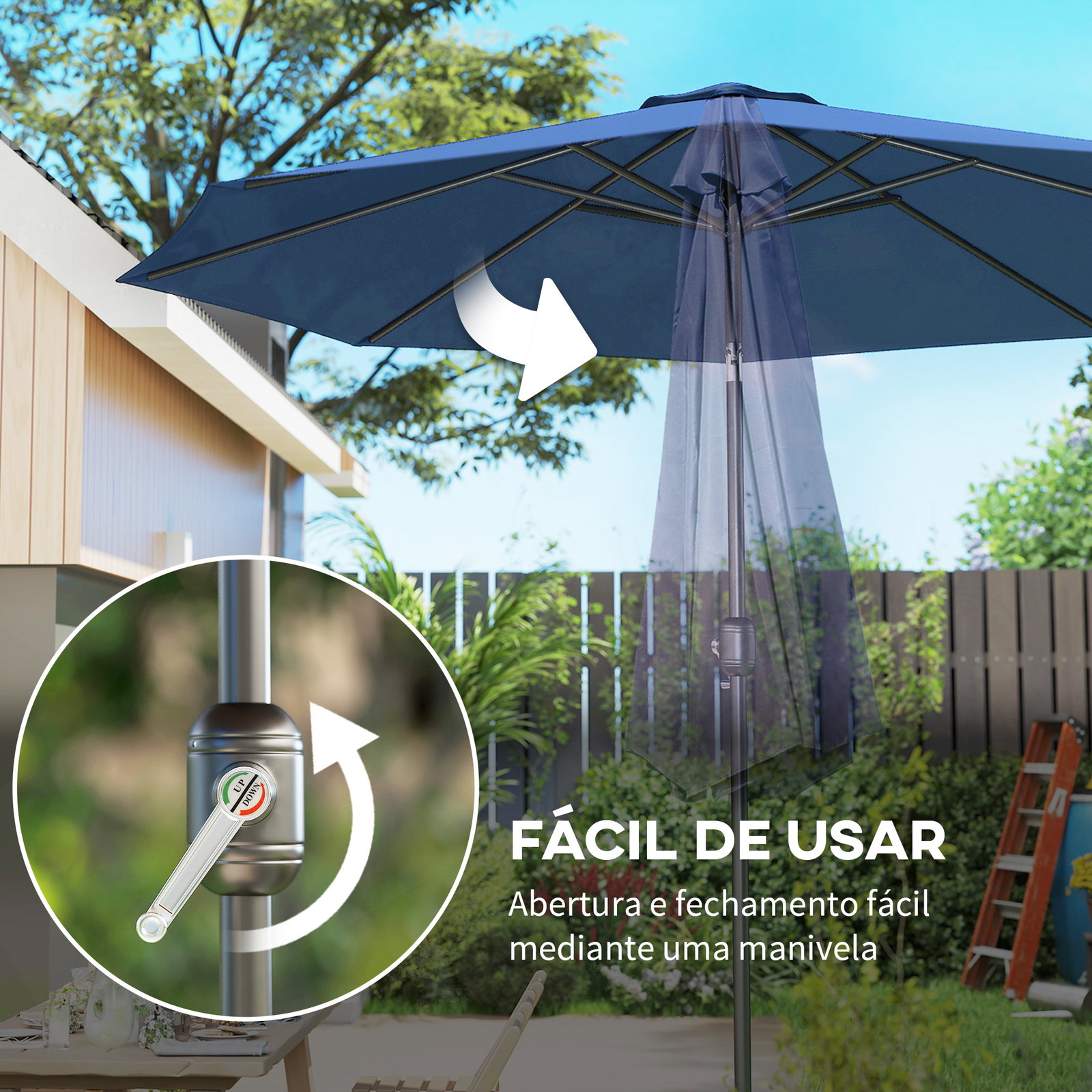 Chapéu de Sol de Jardim Ø295x250 cm com Manivela Mecanismo de Inclinação e Mastro Desmontável de Metal para Terraço Azul