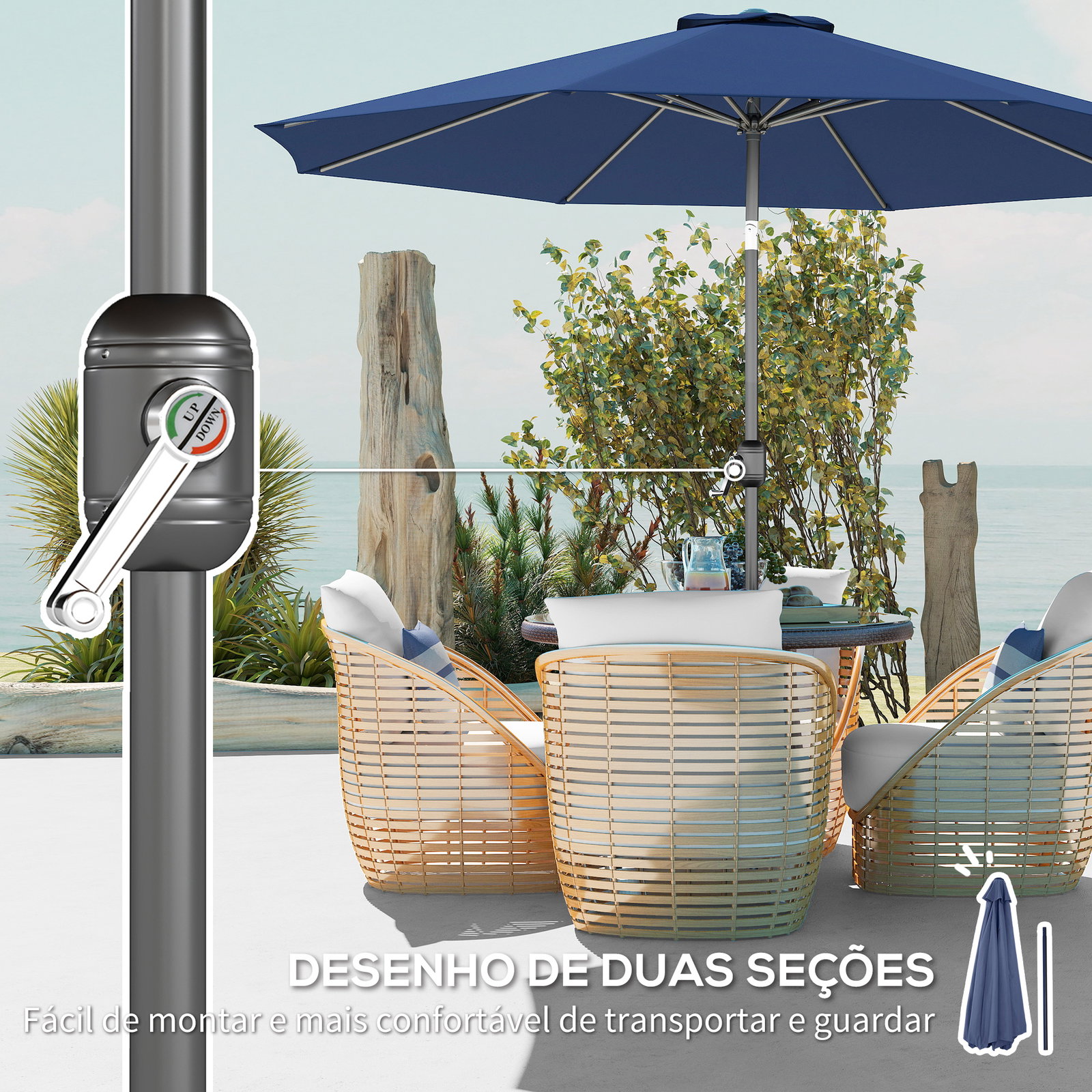 Chapéu de Sol de Jardim Ø295x250 cm com Manivela Mecanismo de Inclinação e Mastro Desmontável de Metal para Terraço Azul