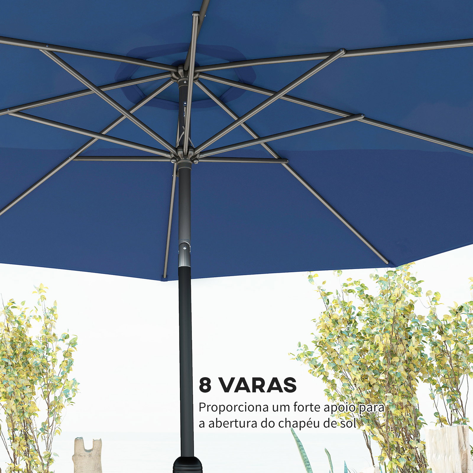 Chapéu de Sol de Jardim Ø295x250 cm com Manivela Mecanismo de Inclinação e Mastro Desmontável de Metal para Terraço Azul