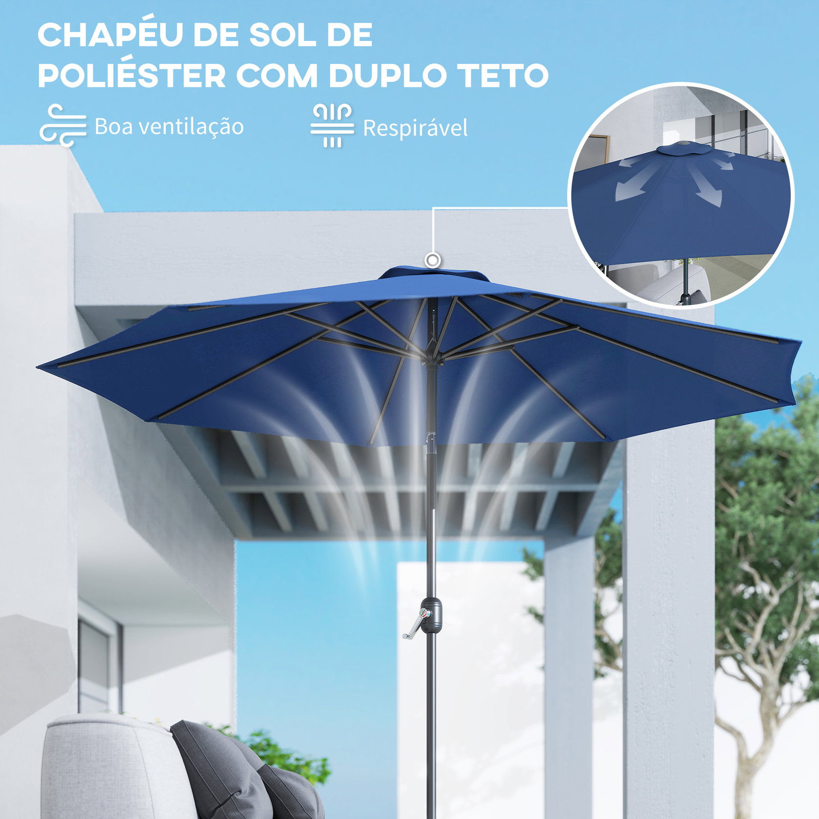 Chapéu de Sol de Jardim Ø295x250 cm com Manivela Mecanismo de Inclinação e Mastro Desmontável de Metal para Terraço Azul