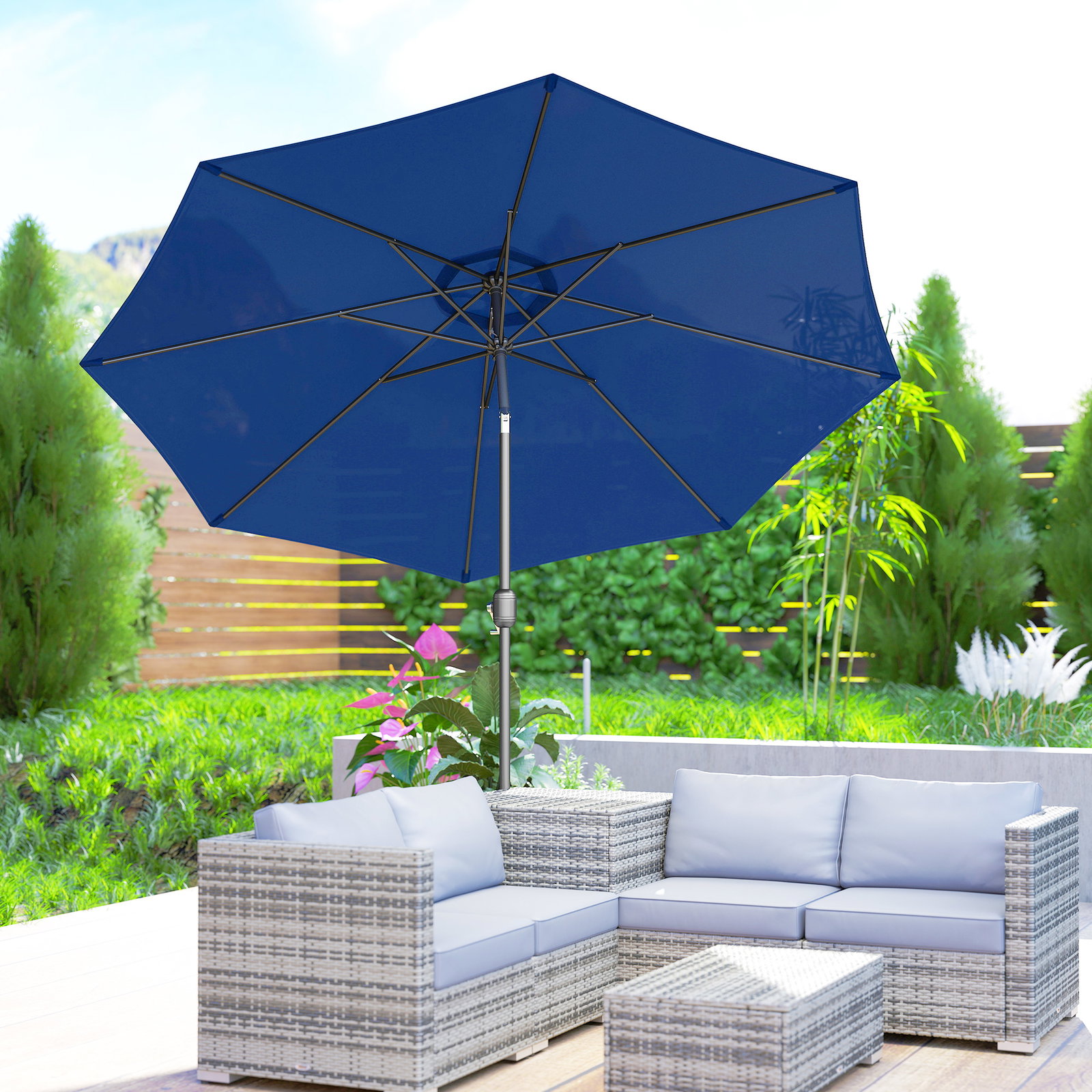 Chapéu de Sol de Jardim Ø295x250 cm com Manivela Mecanismo de Inclinação e Mastro Desmontável de Metal para Terraço Azul