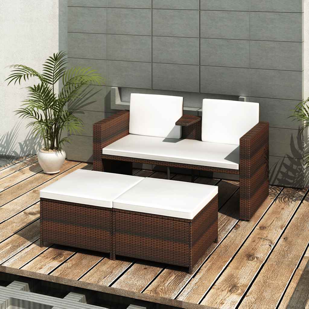 4 Pcs conjunto lounge jardim c/ almofadões vime PE castanho