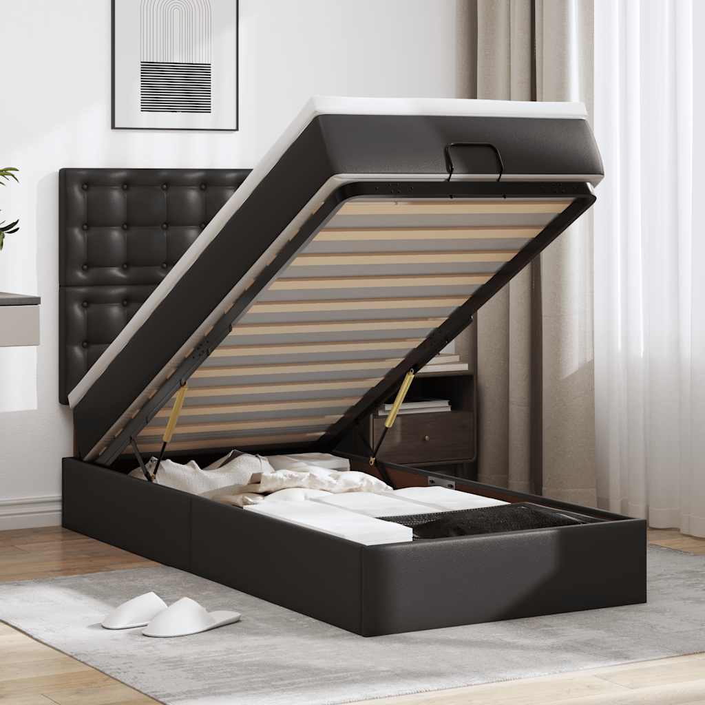 Cama otomana com colchão 90x200 cm couro artificial preto