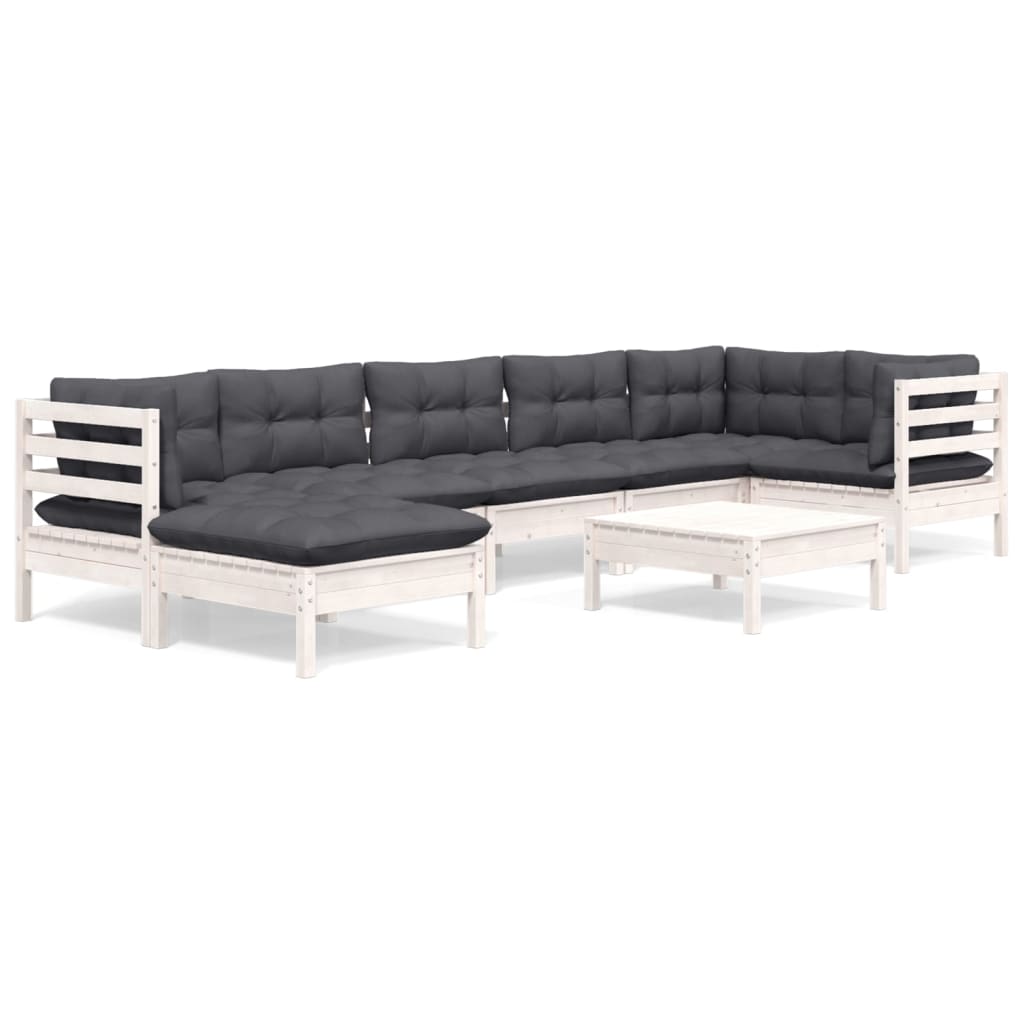 8 Pcs conj. lounge de jardim c/ almofadões pinho maciço branco