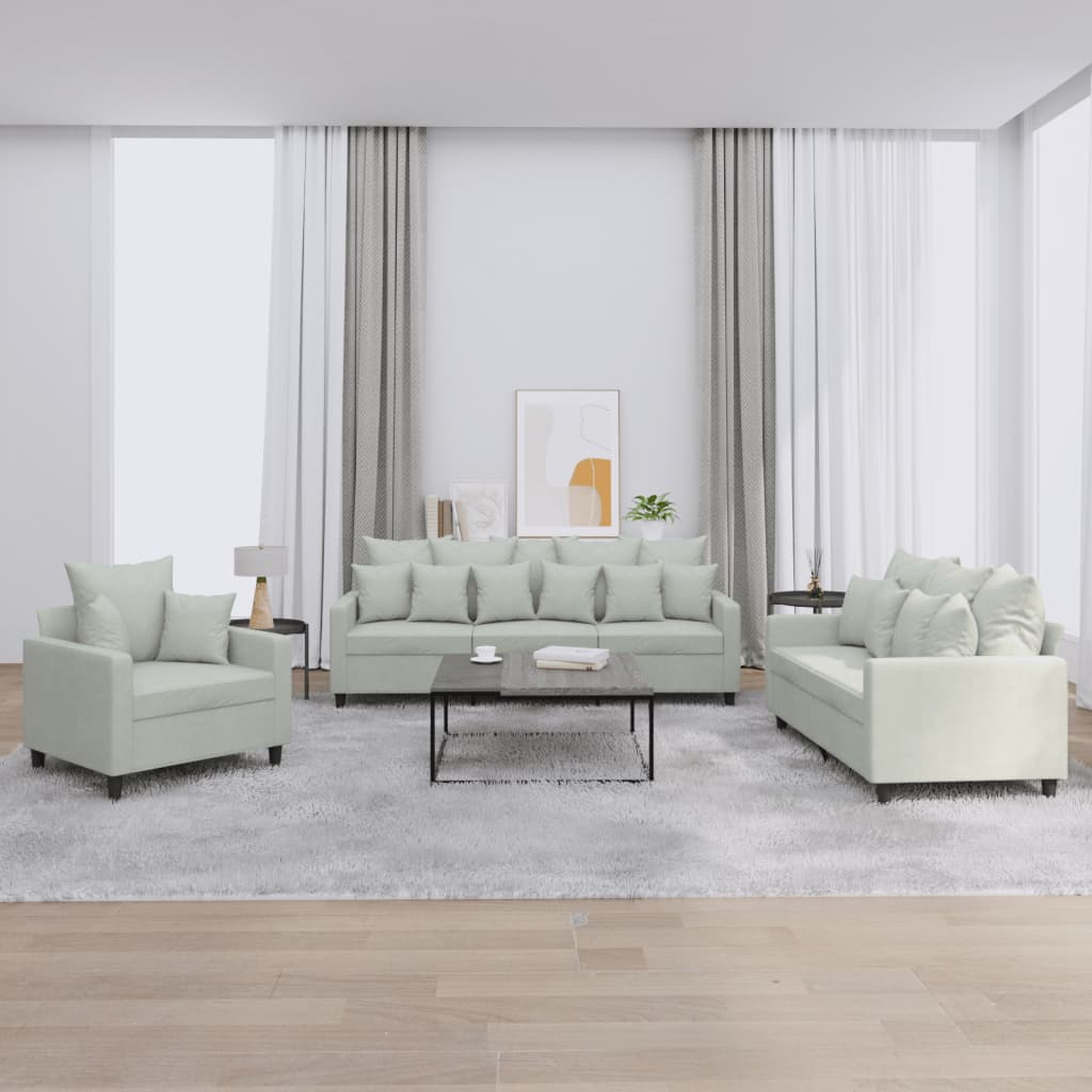 3 Pcs conjunto de sofás com almofadões veludo cinzento-claro