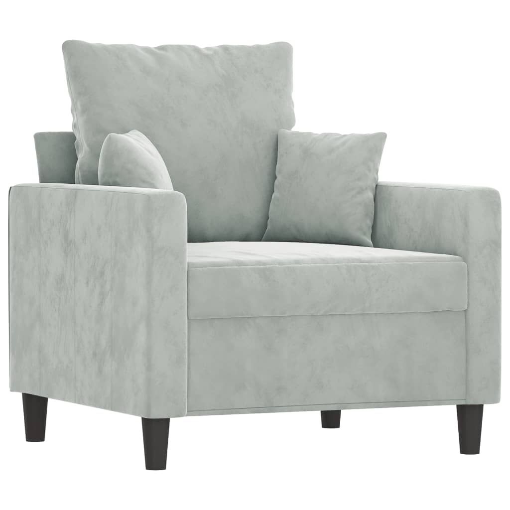 3 Pcs conjunto de sofás com almofadões veludo cinzento-claro