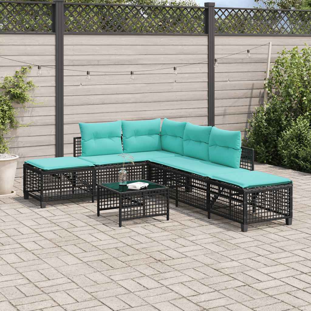 Conjunto de sofá de canto para jardim de 3 peças com almofadas, em rattan sintético preto