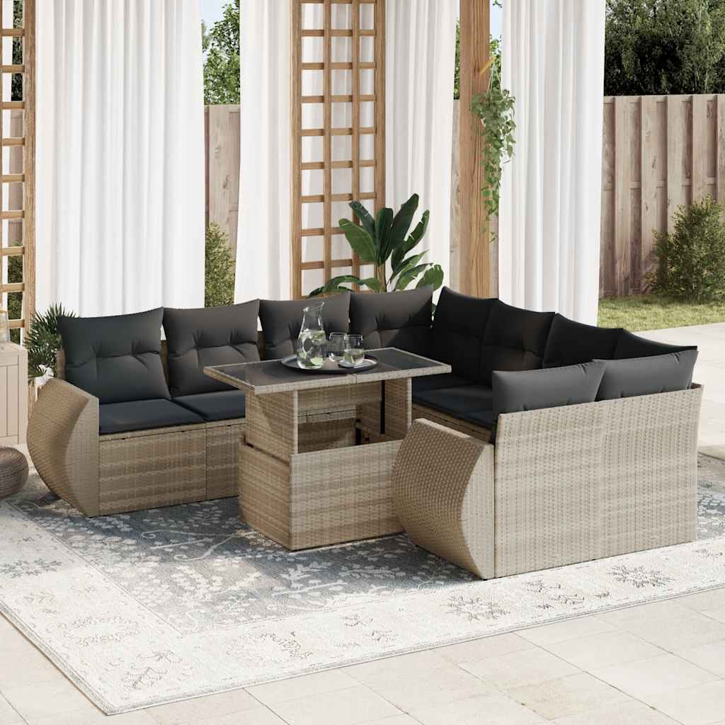 9 Pcs conj. sofás jardim com almofadões vime PE cinzento-claro
