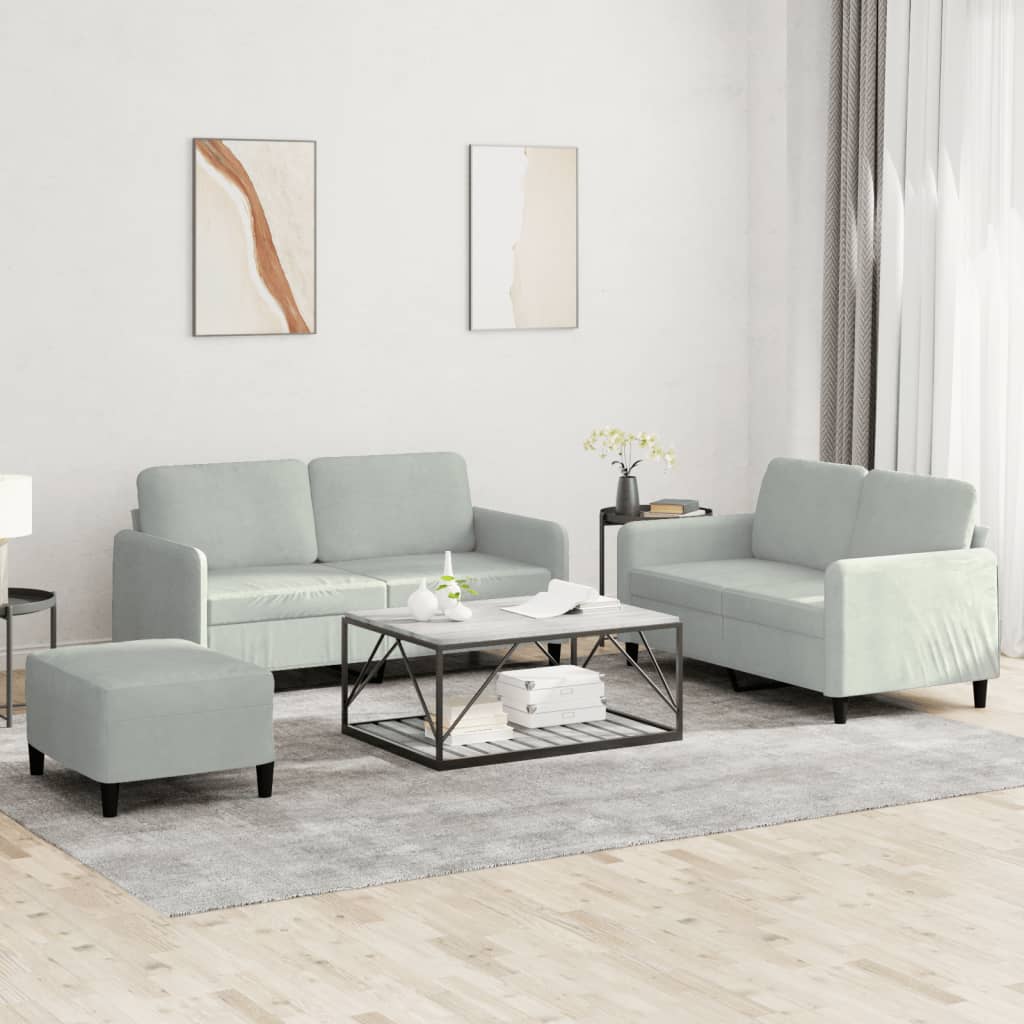 3 Pcs conjunto de sofás veludo cinzento-claro