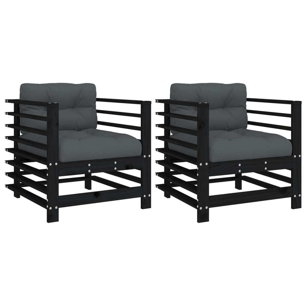 Cadeiras de jardim c/ almofadões 2 pcs pinho maciço preto