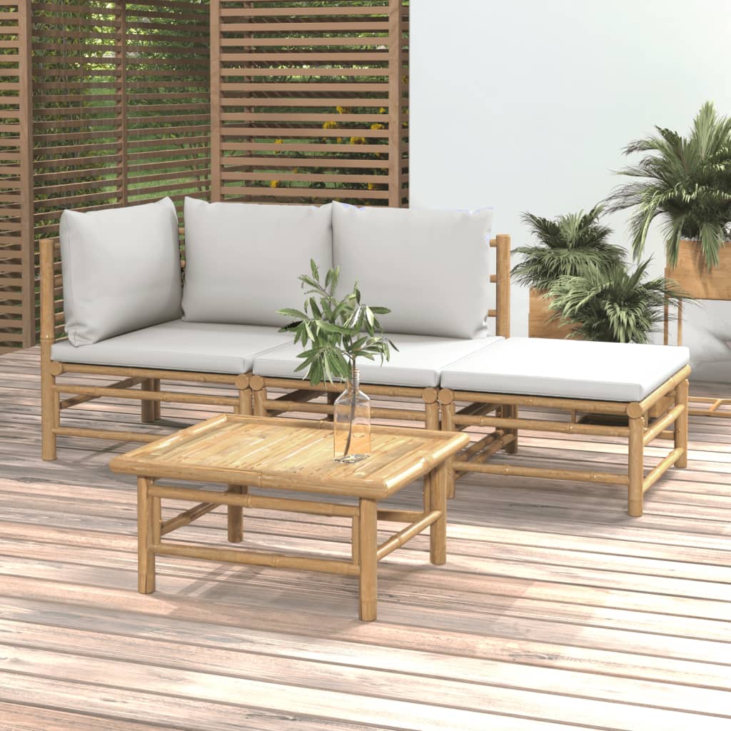 4 Pcs conj. lounge de jardim bambu c/ almofadões cinzento-claro