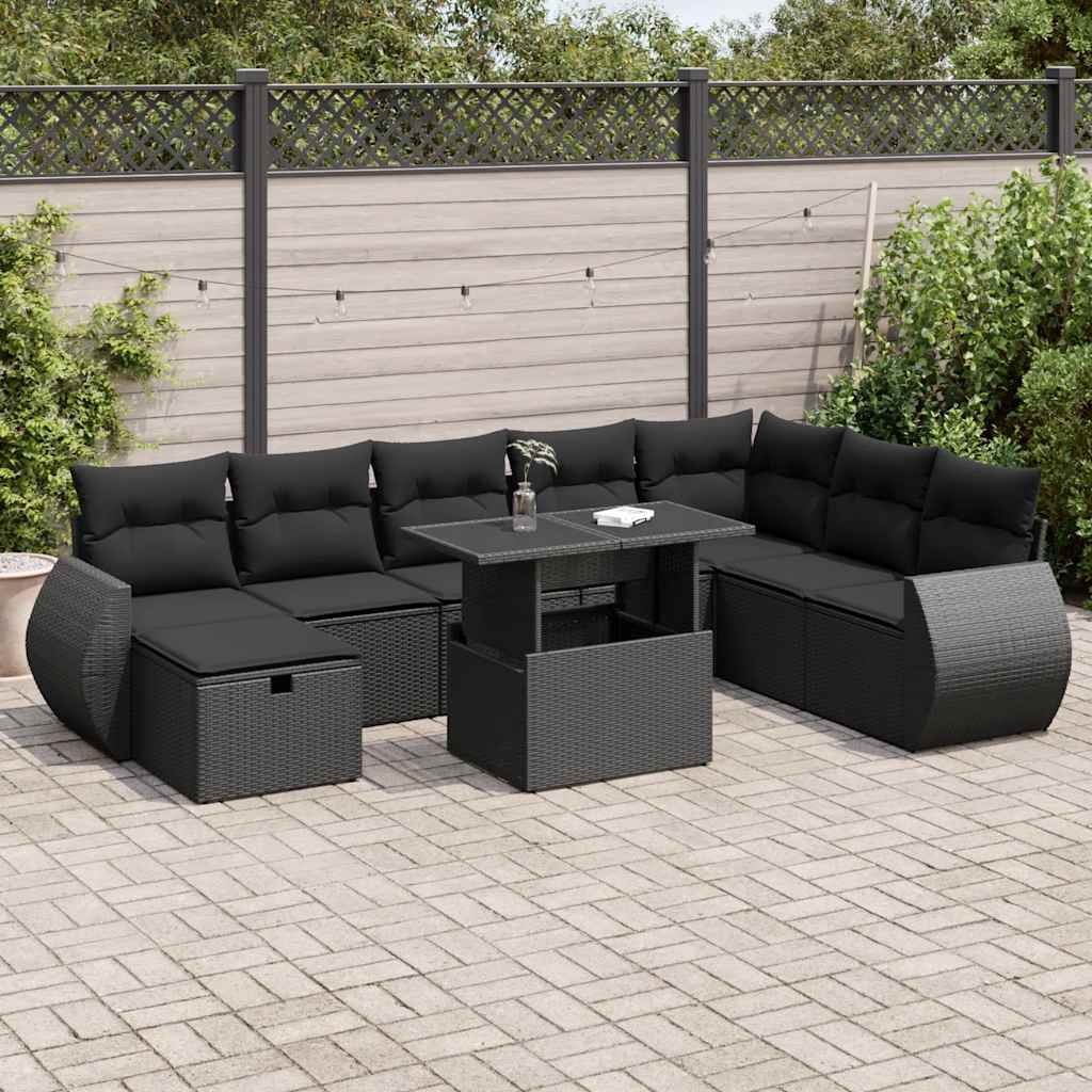 9 Pcs conjunto de sofás p/ jardim c/ almofadões vime PE preto