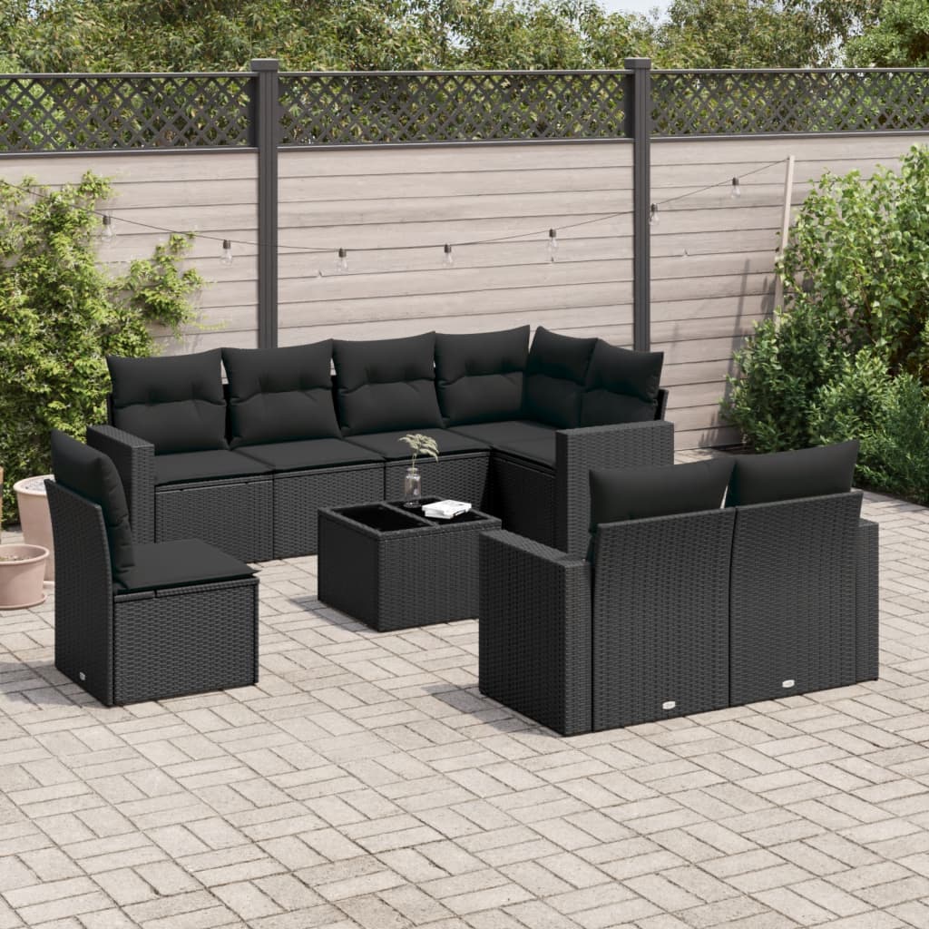 9 Pcs conjunto de sofás p/ jardim c/ almofadões vime PE preto