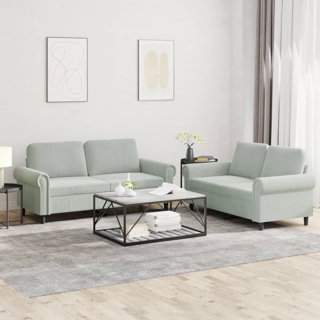 2 Pcs conjunto de sofás com almofadões veludo cinzento-claro