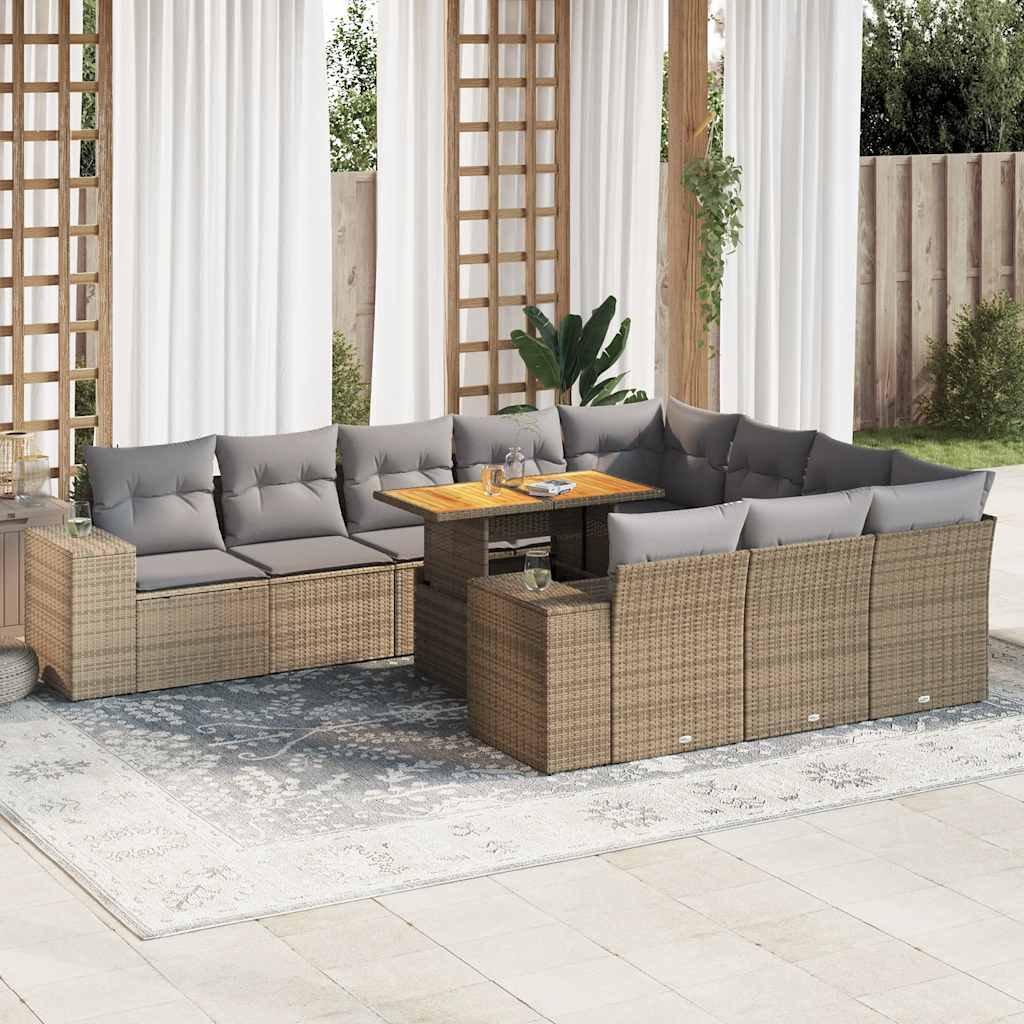 10 Pcs conj. sofás p/ jardim c/ almofadões vime PE/acácia bege