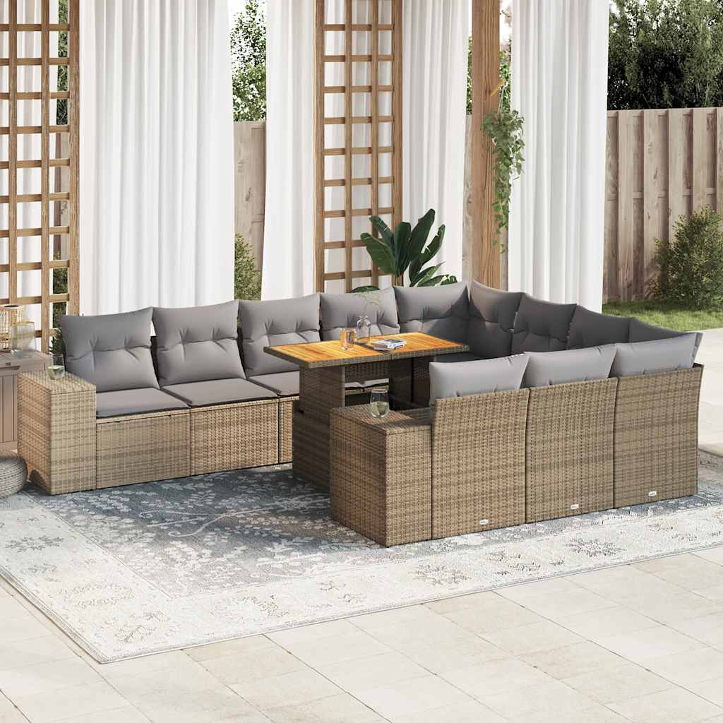 10 Pcs conj. sofás p/ jardim c/ almofadões vime PE/acácia bege
