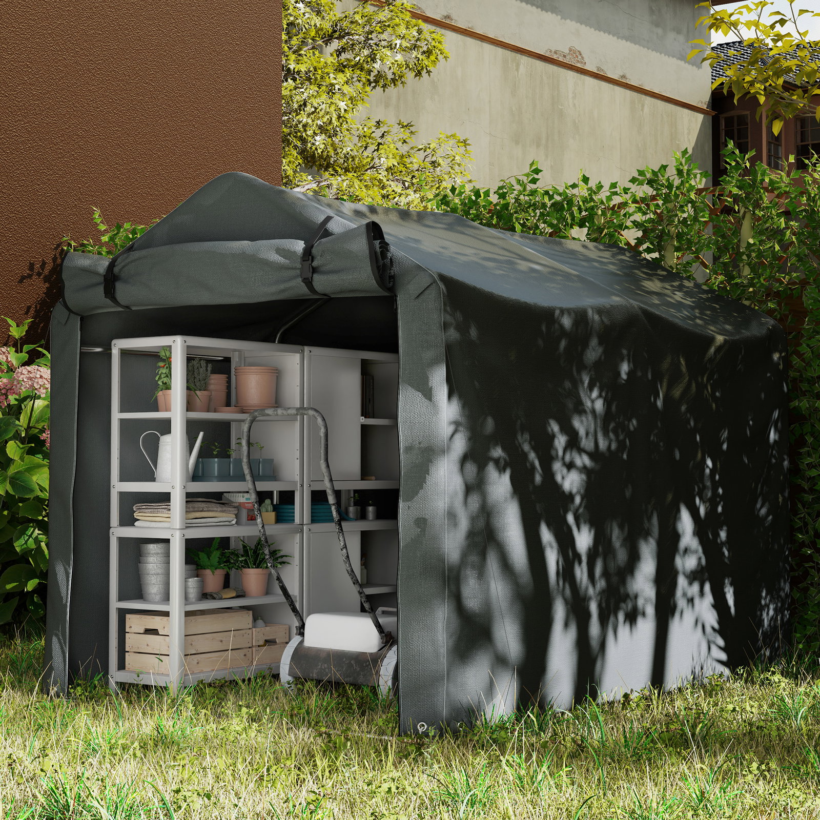 Abrigo de exterior para ferramentas e bicicletas 2,2x1,57x1,65 m com porta desmontável com fecho de correr cinzento escuro