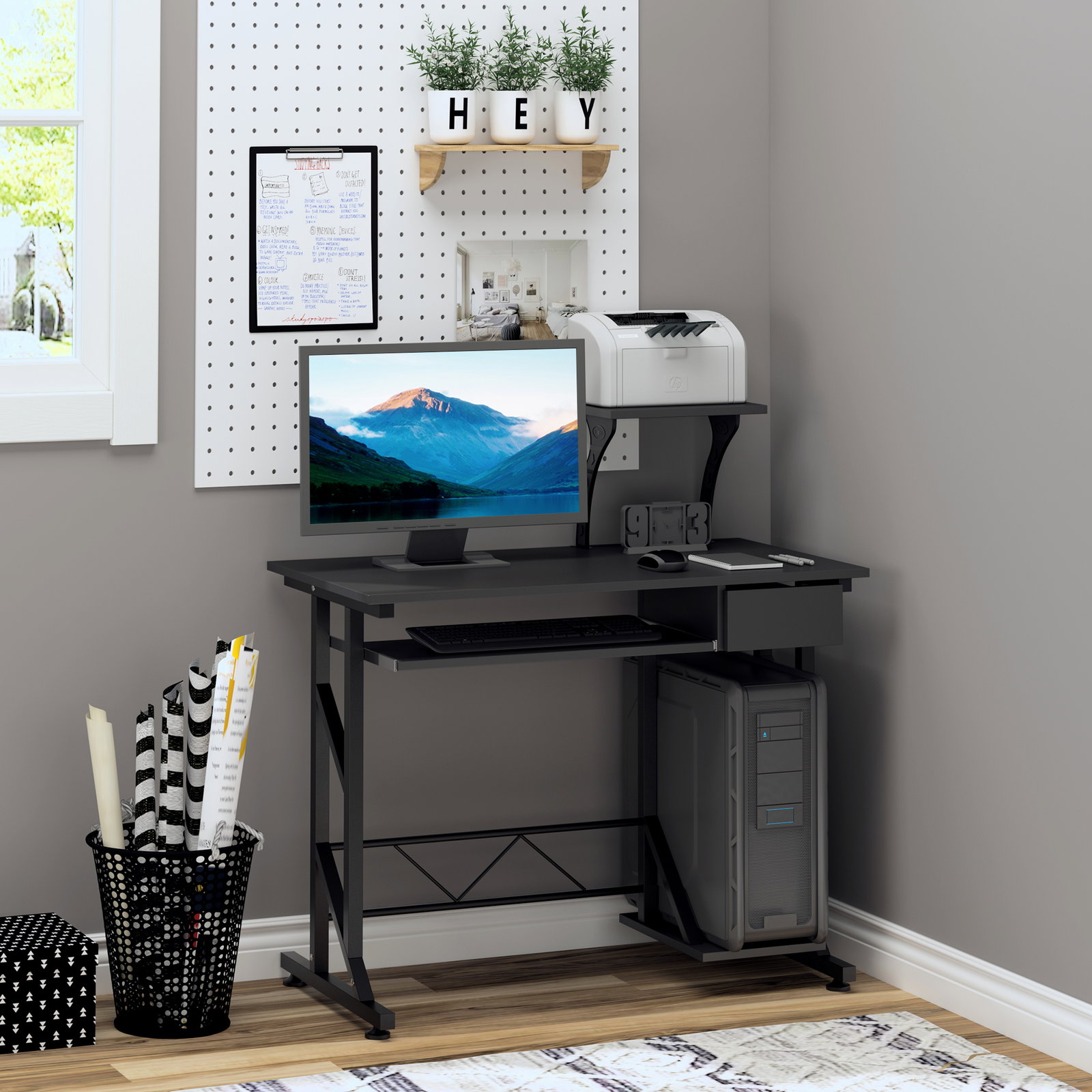 Mesa de computador com 1 gaveta bandeja para teclado e suporte para cpu para escritório estúdio 90x50x95 cm preto