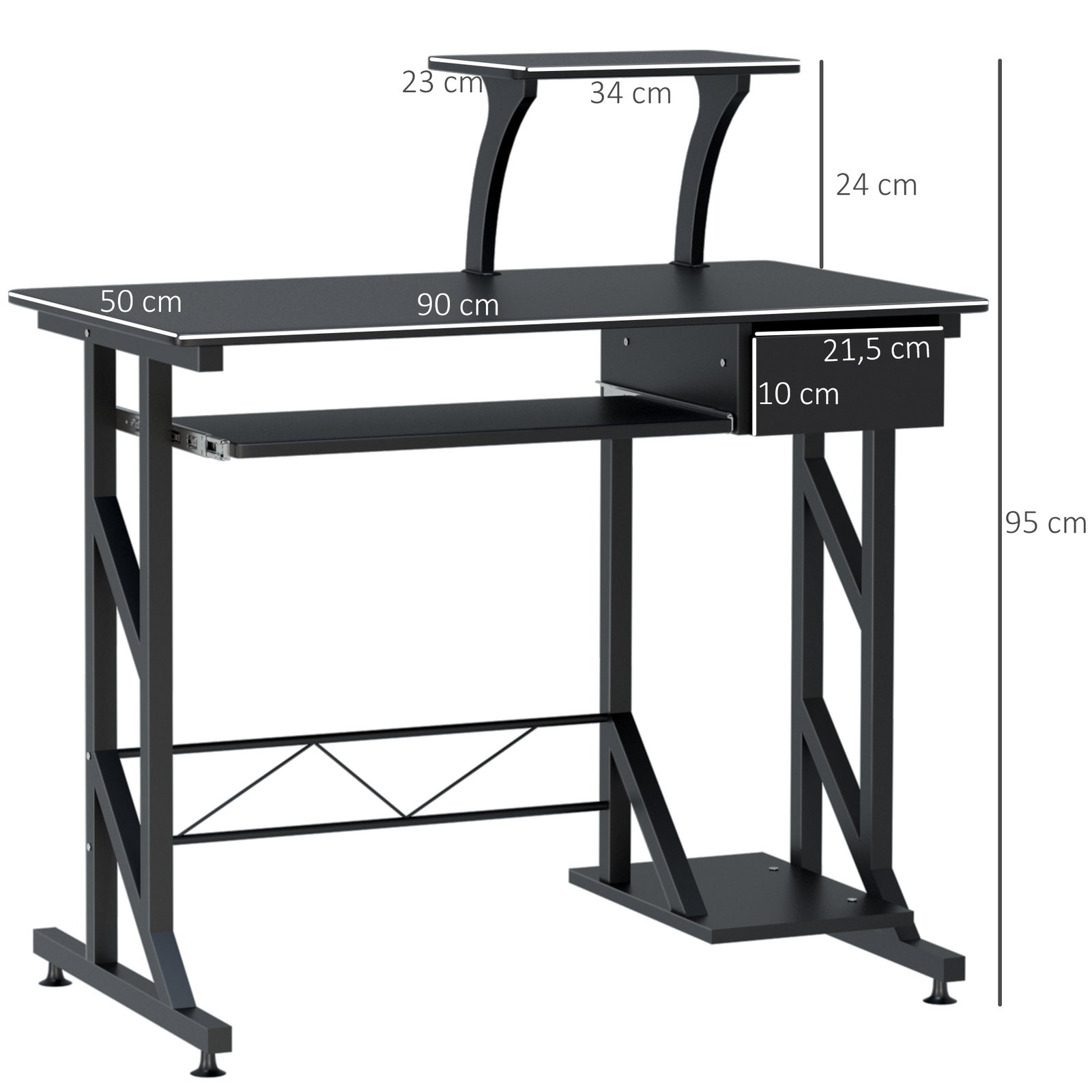 Mesa de computador com 1 gaveta bandeja para teclado e suporte para cpu para escritório estúdio 90x50x95 cm preto