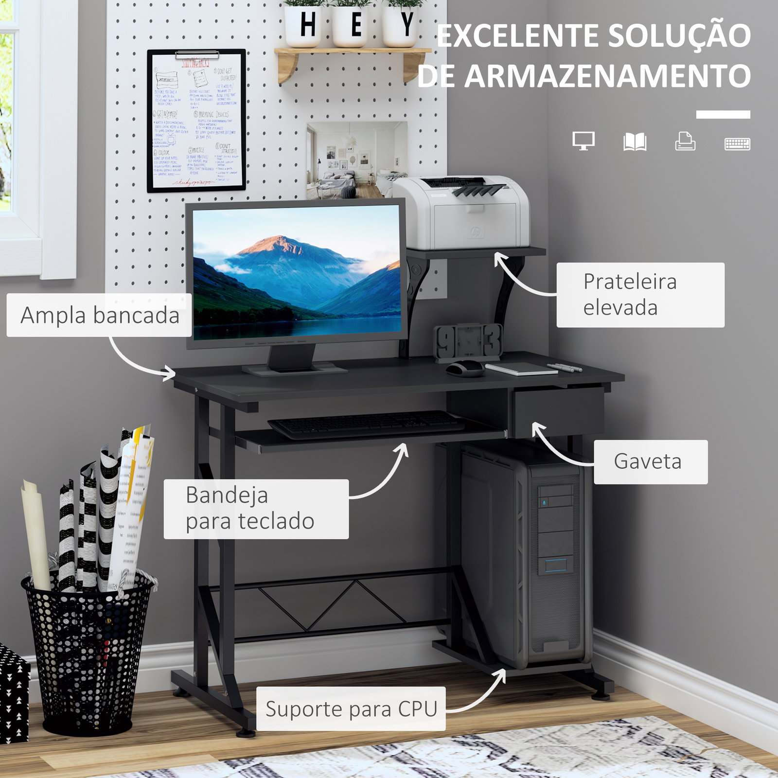 Mesa de computador com 1 gaveta bandeja para teclado e suporte para cpu para escritório estúdio 90x50x95 cm preto