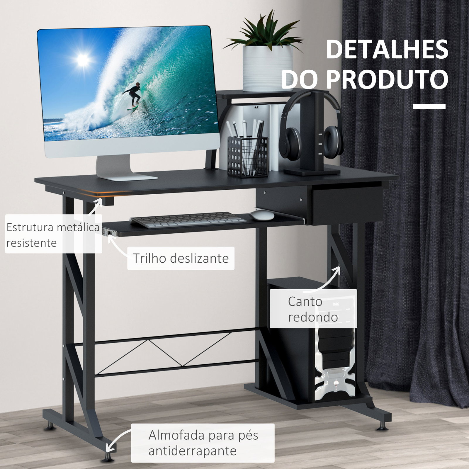 Mesa de computador com 1 gaveta bandeja para teclado e suporte para cpu para escritório estúdio 90x50x95 cm preto