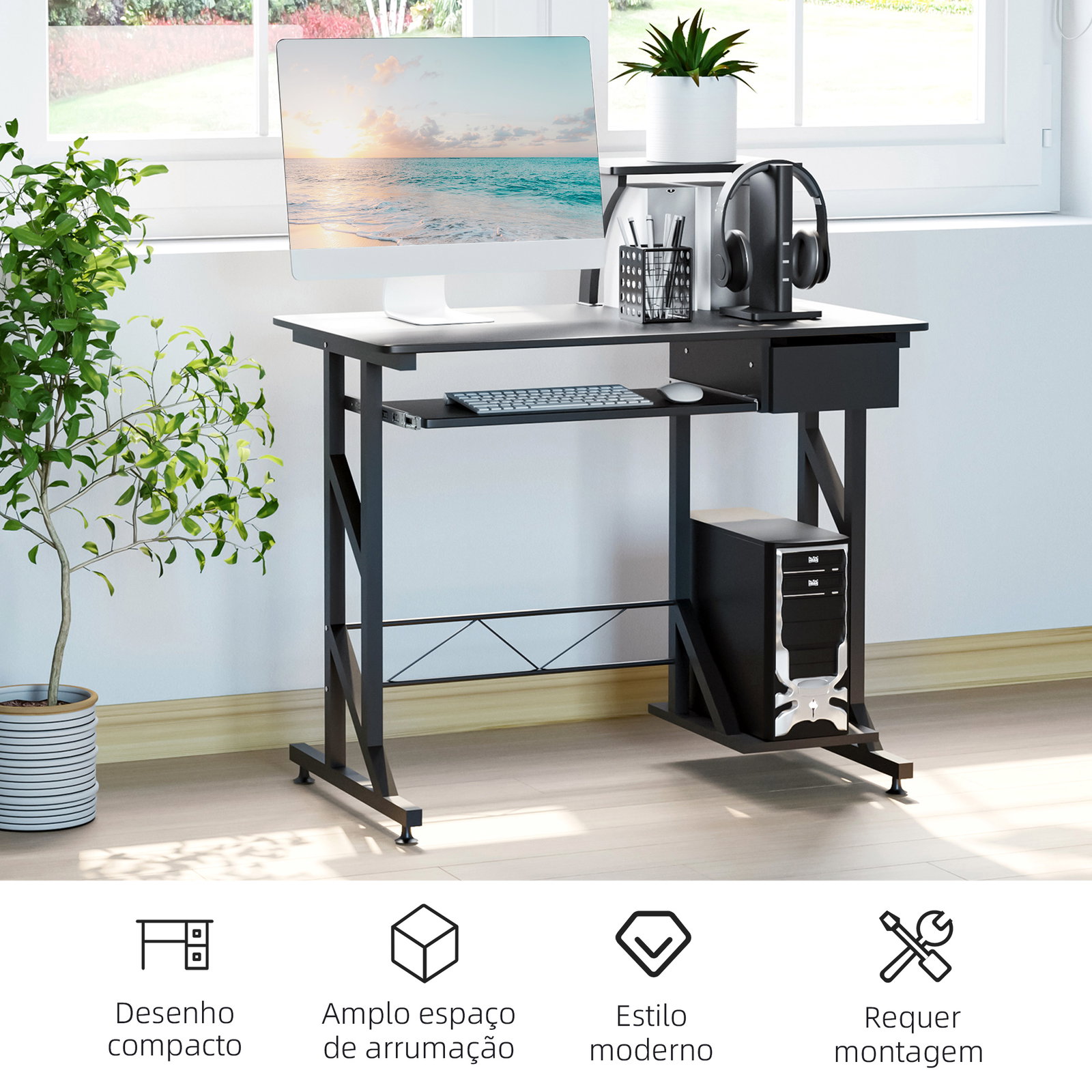 Mesa de computador com 1 gaveta bandeja para teclado e suporte para cpu para escritório estúdio 90x50x95 cm preto