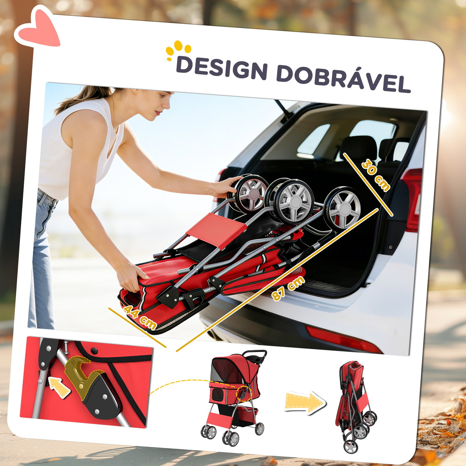 Carrinho para cães pequenos com cesta de armazenamento suportes para copos rodas e almofada lavável 77x44x102 cm vermelho