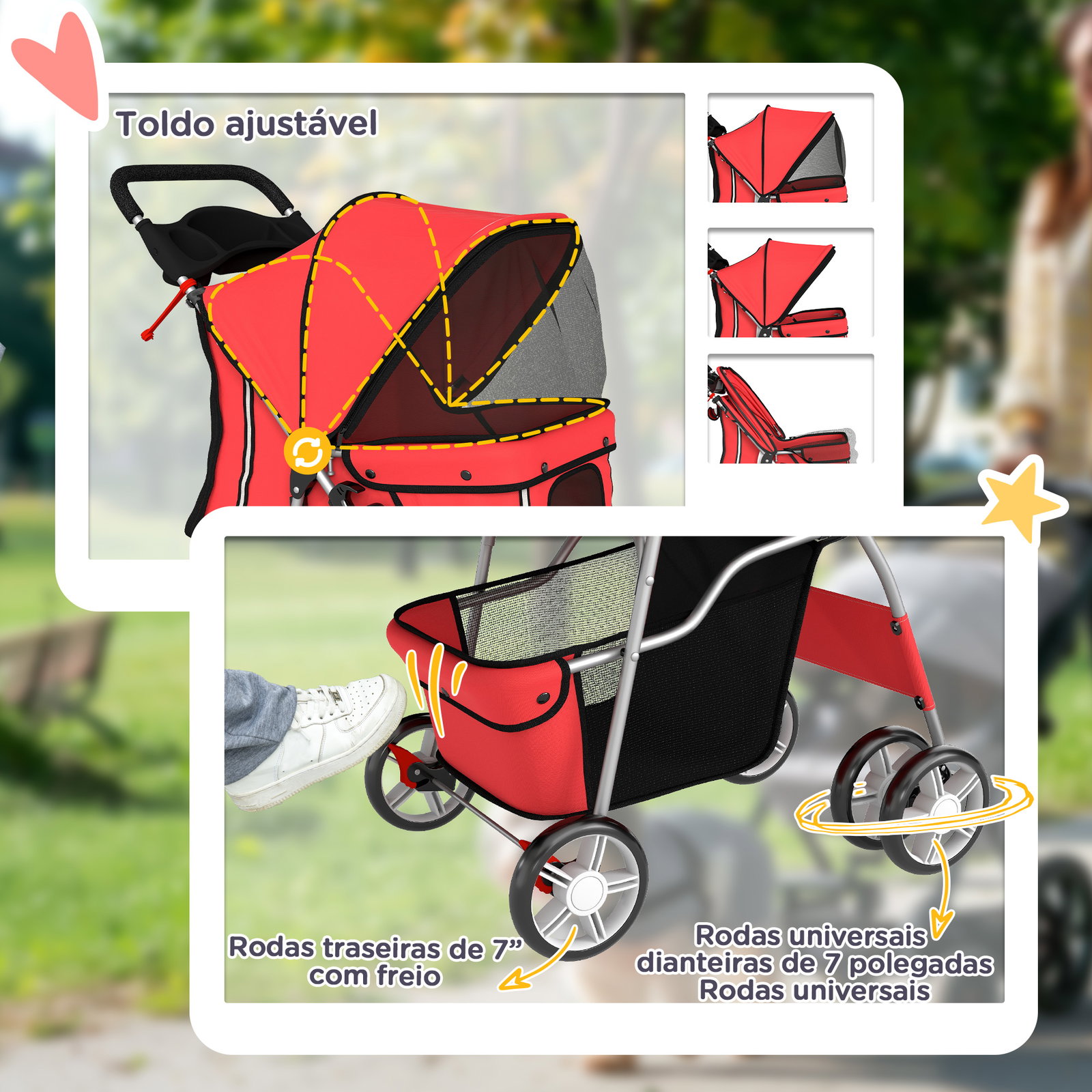 Carrinho para cães pequenos com cesta de armazenamento suportes para copos rodas e almofada lavável 77x44x102 cm vermelho