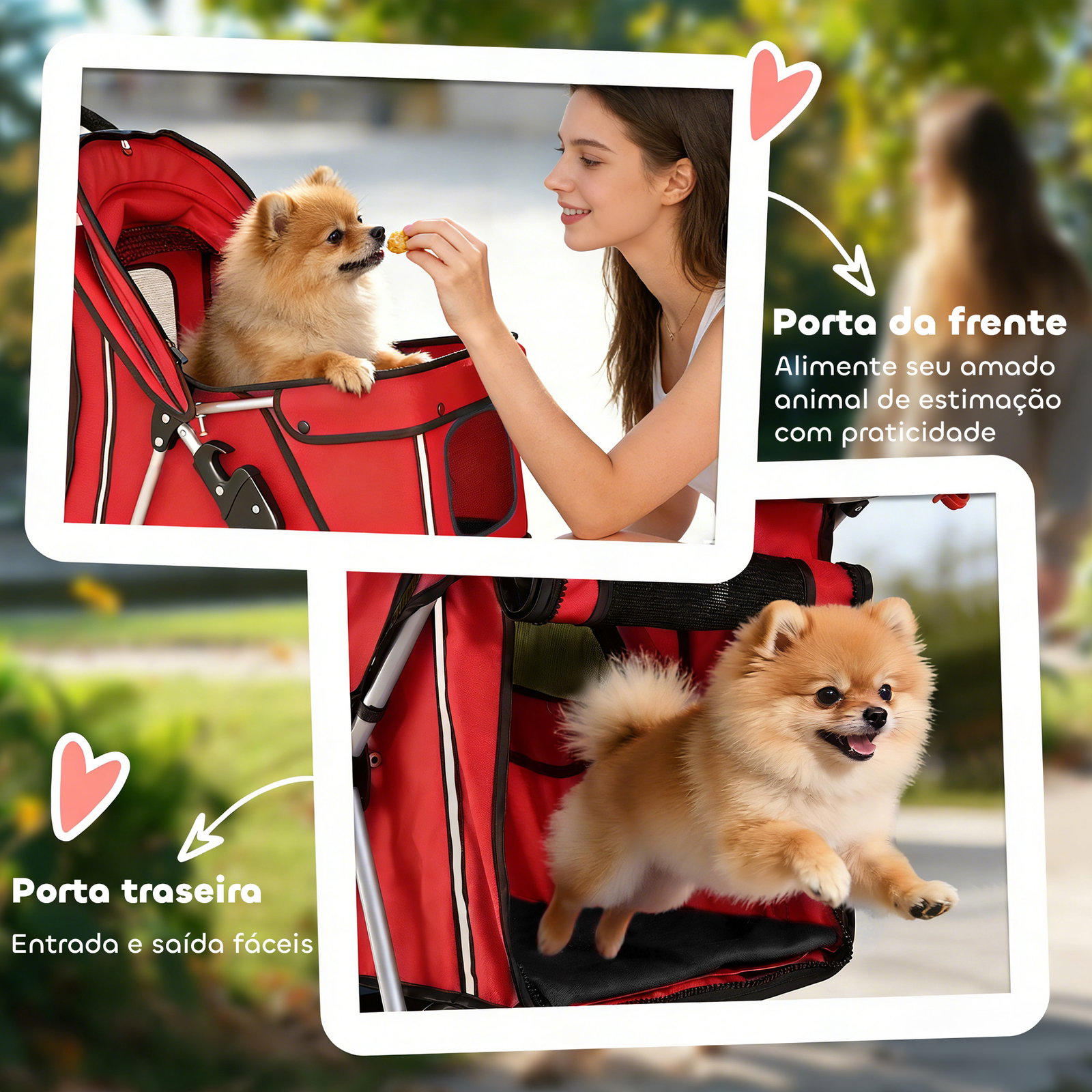 Carrinho para cães pequenos com cesta de armazenamento suportes para copos rodas e almofada lavável 77x44x102 cm vermelho